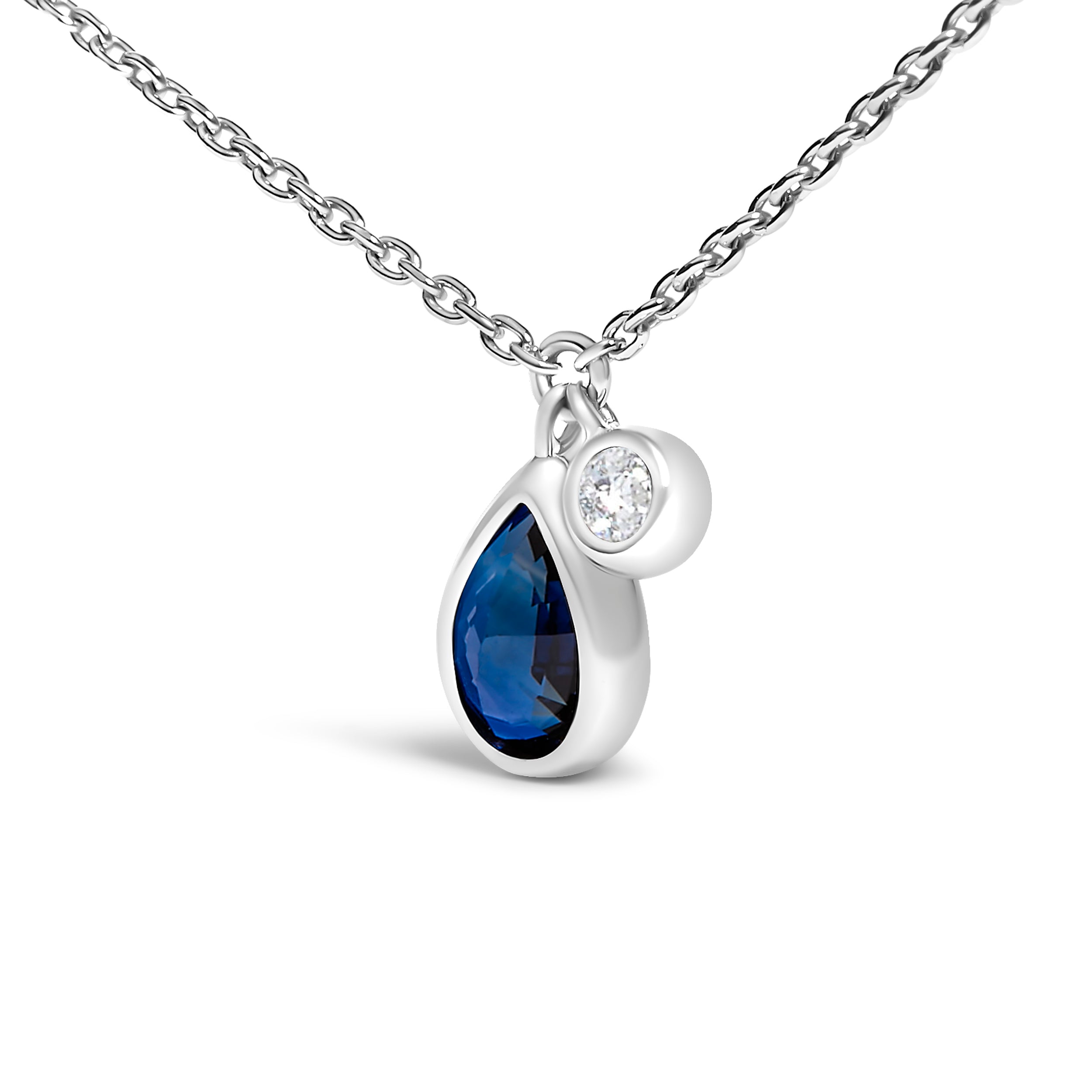 14K White Gold 6x4mm Pear Blue Sapphire and Diamond Accent Charm Pendant Necklace - 18" Inches DestGlow