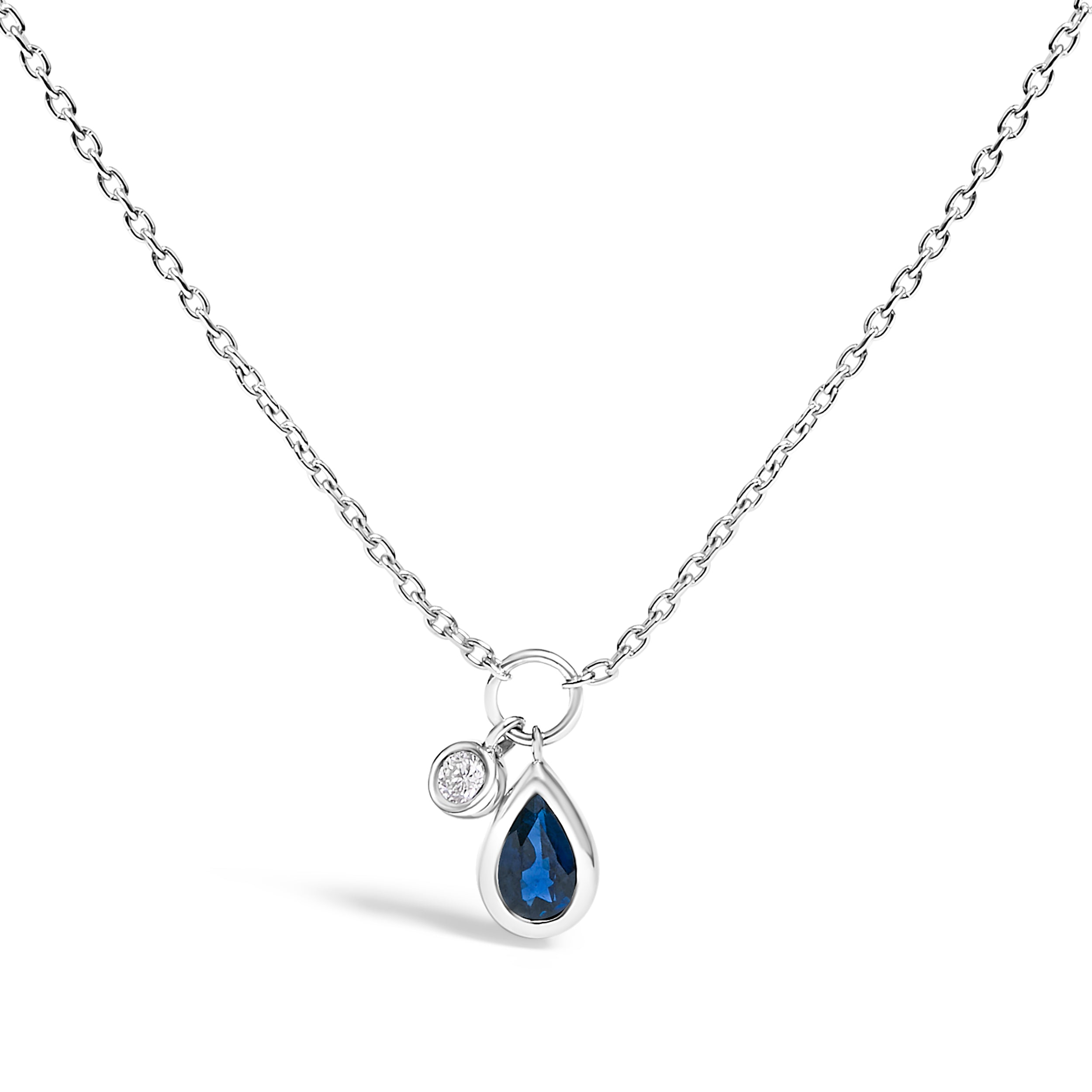 10K White Gold 6x4 mm Pear Blue Sapphire and Diamond Accent Charm Pendant Necklace - 18" Inches DestGlow