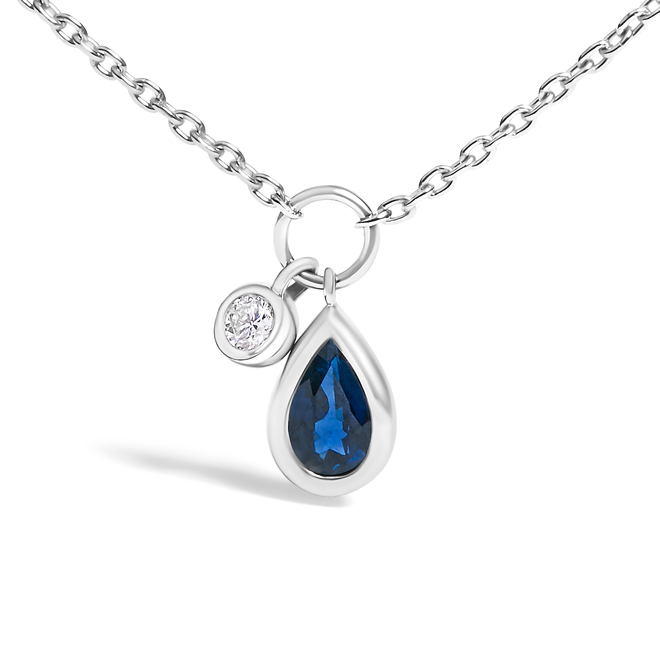 10K White Gold 6x4 mm Pear Blue Sapphire and Diamond Accent Charm Pendant Necklace - 18" Inches DestGlow