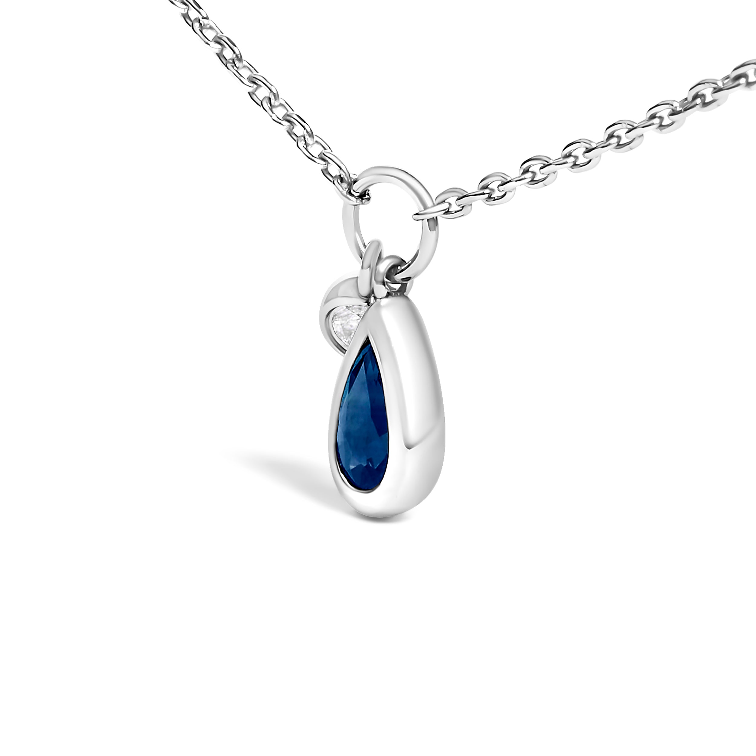 10K White Gold 6x4 mm Pear Blue Sapphire and Diamond Accent Charm Pendant Necklace - 18" Inches DestGlow