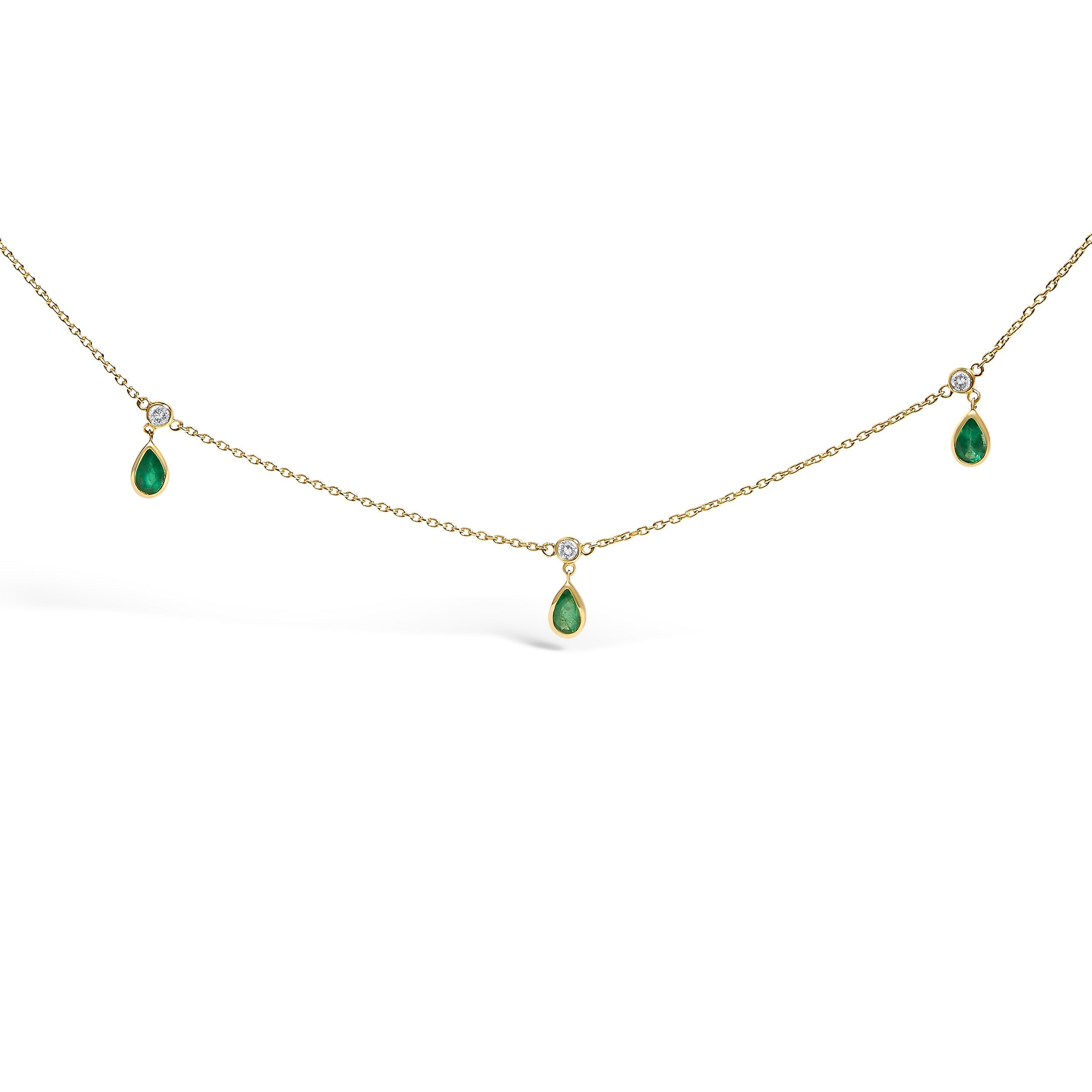 10K Yellow Gold Dangling 5x3 mm Green Emerald and Diamond Station Necklace - 18" Inches DestGlow