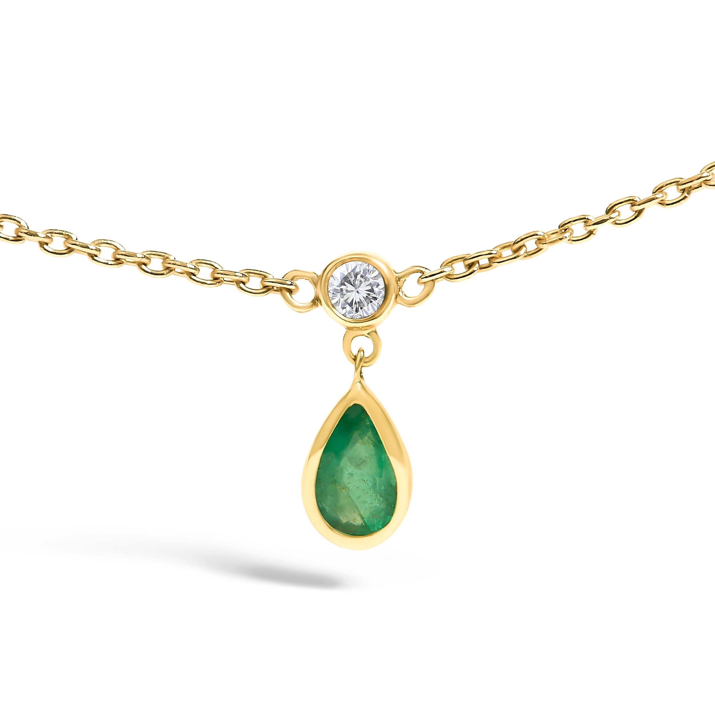 10K Yellow Gold Dangling 5x3 mm Green Emerald and Diamond Station Necklace - 18" Inches DestGlow