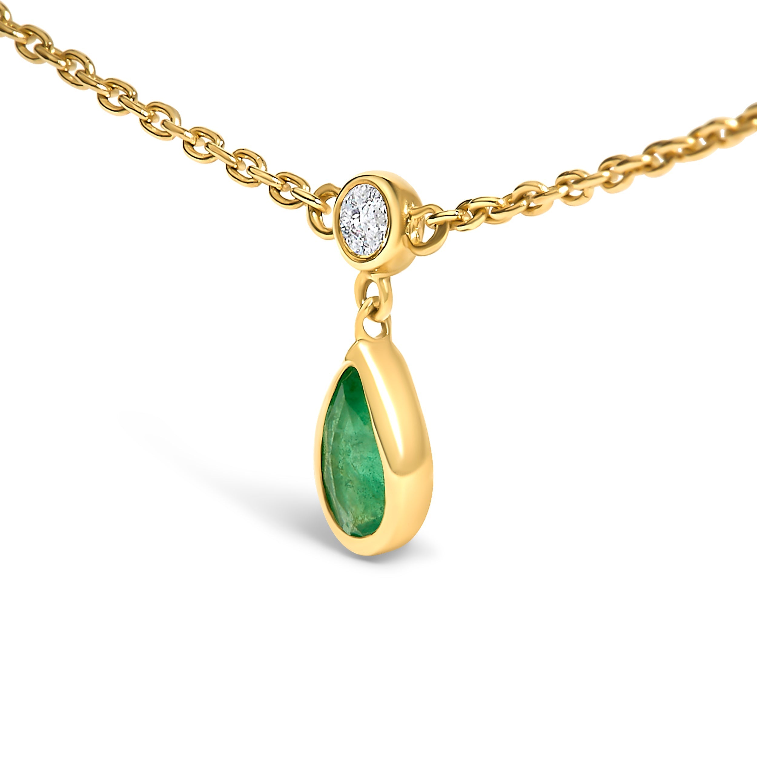 10K Yellow Gold Dangling 5x3 mm Green Emerald and Diamond Station Necklace - 18" Inches DestGlow