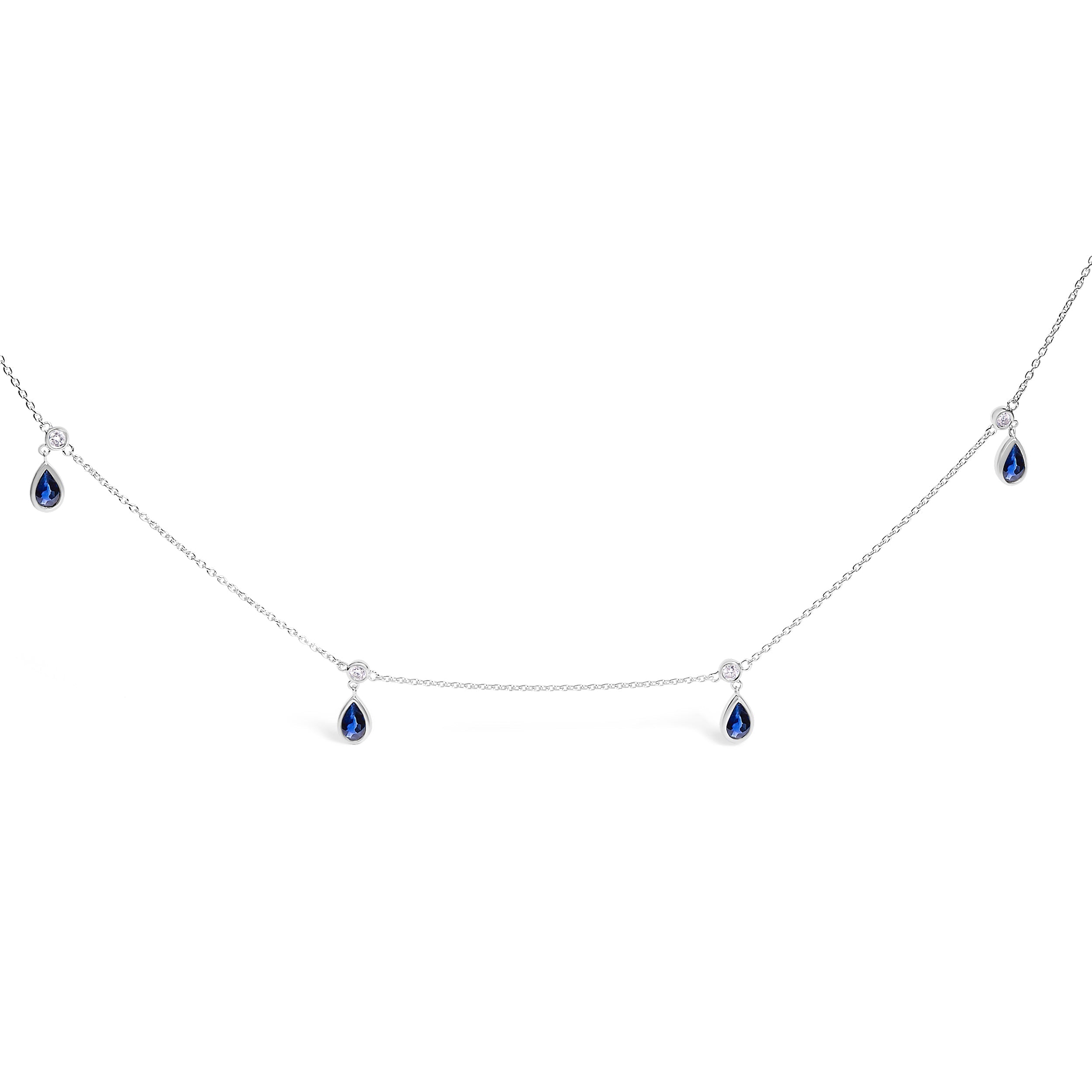 10K White Gold Dangling 5x3 mm Pear Blue Sapphire and Diamond Station Necklace - 18" Inches DestGlow