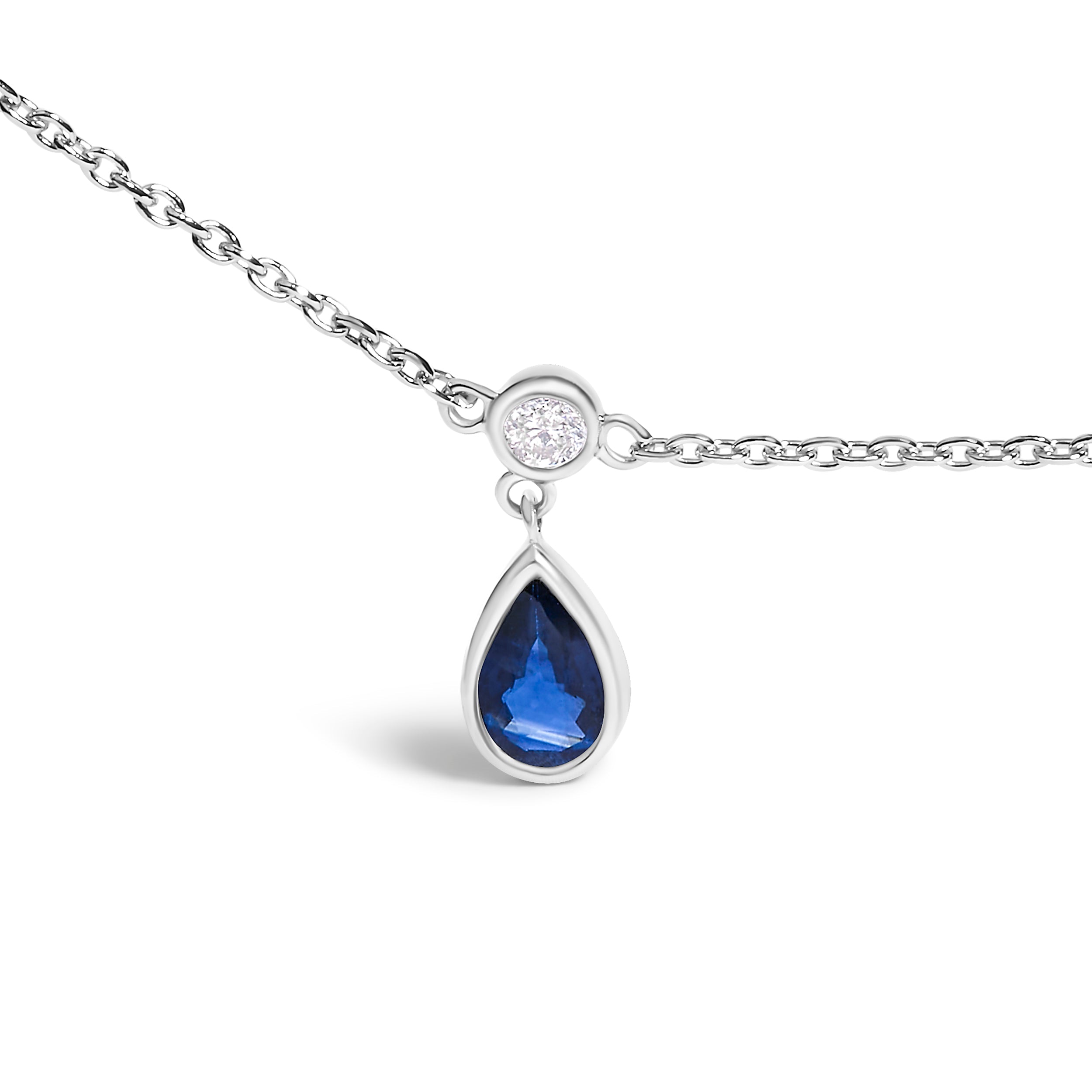 10K White Gold Dangling 5x3 mm Pear Blue Sapphire and Diamond Station Necklace - 18" Inches DestGlow