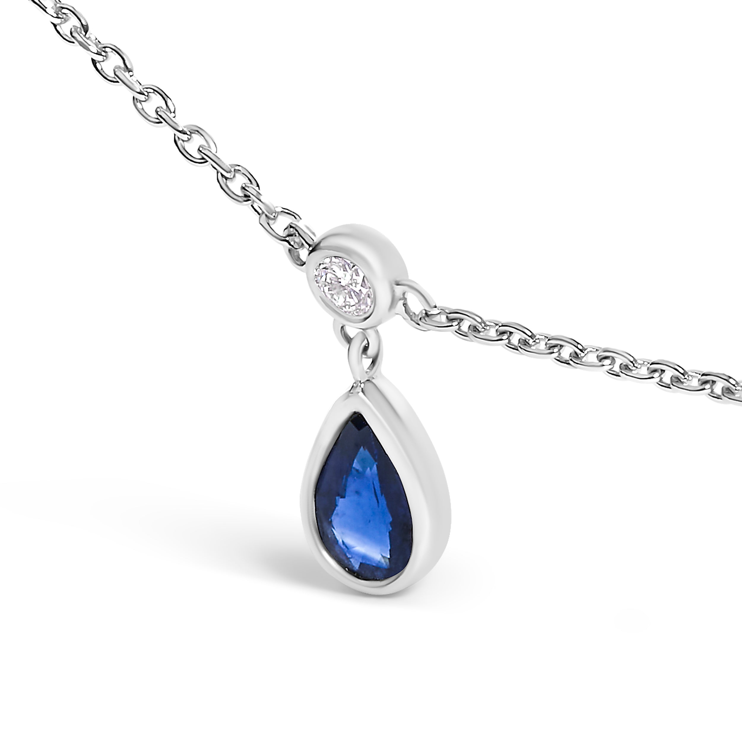 10K White Gold Dangling 5x3 mm Pear Blue Sapphire and Diamond Station Necklace - 18" Inches DestGlow