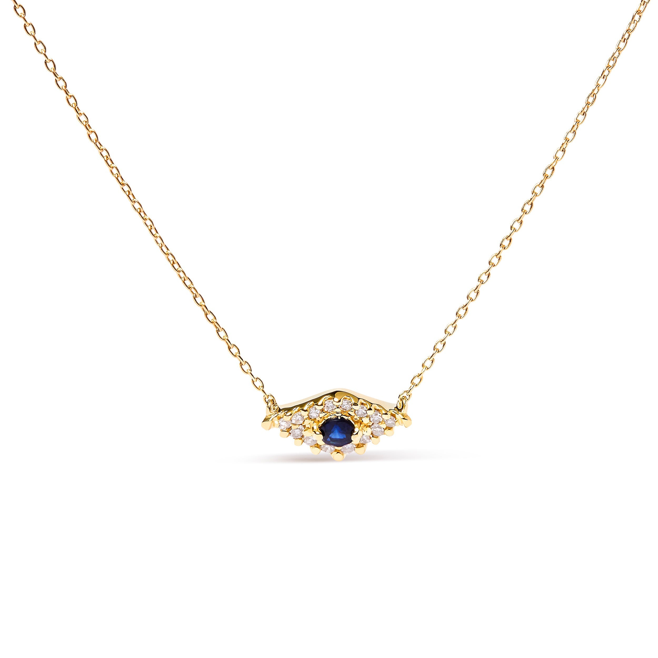 10K Yellow Gold Blue Sapphire and Diamond Accented Evil Eye 18" Inch Pendant Necklace (H-I Color, I1-I2 Clarity) DestGlow