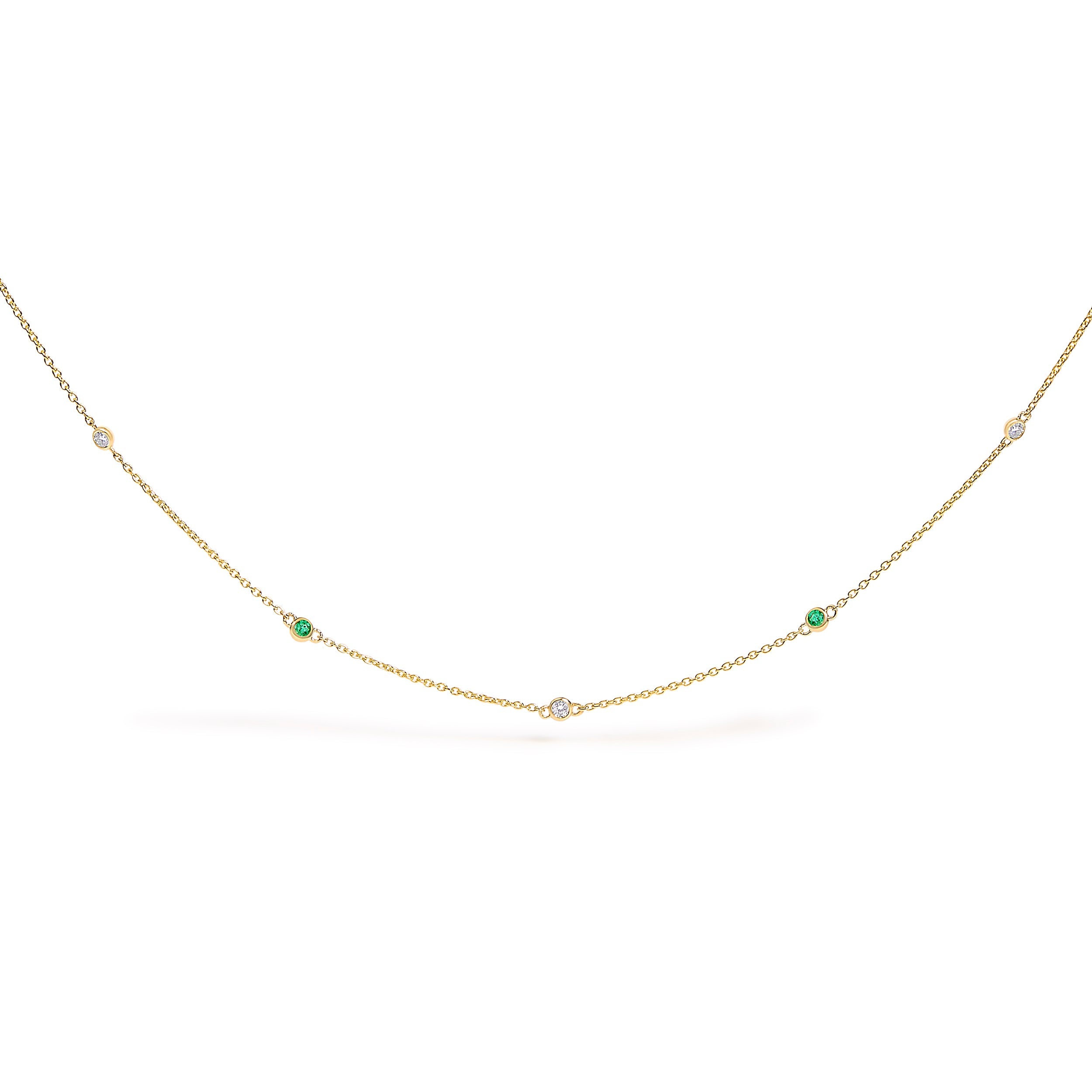 14K Yellow Gold Bezel Set Alternating Green Emerald and Diamond Station Necklace - 18" Inches DestGlow