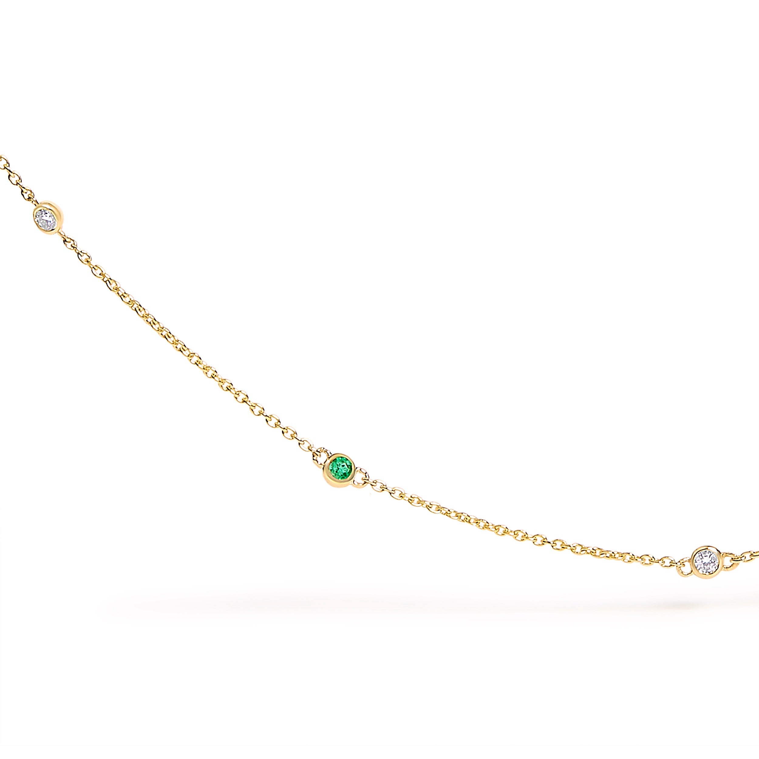 14K Yellow Gold Bezel Set Alternating Green Emerald and Diamond Station Necklace - 18" Inches DestGlow