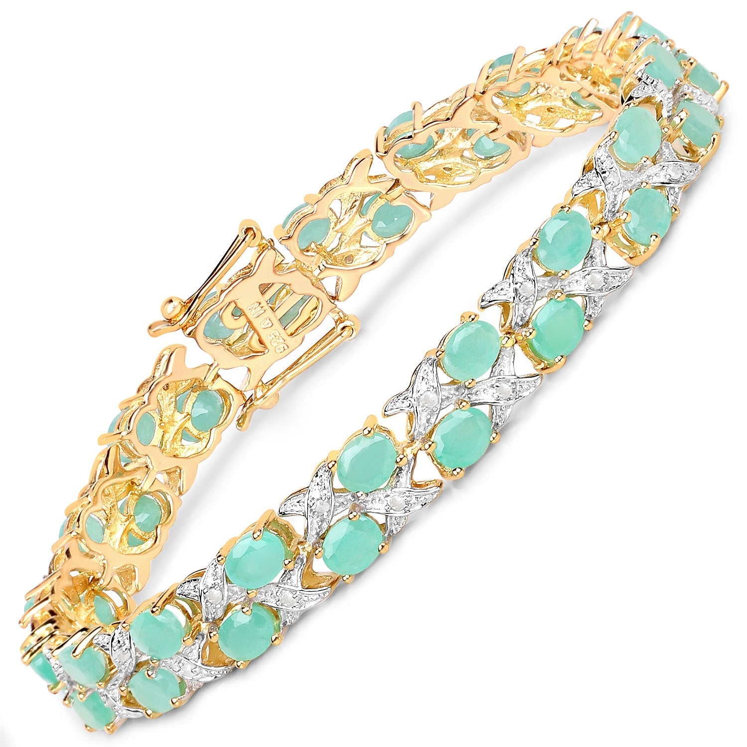 14K Yellow Gold Plated 10.37 Carat Genuine Emerald and White Diamond .925 Sterling Silver Bracelet DestGlow