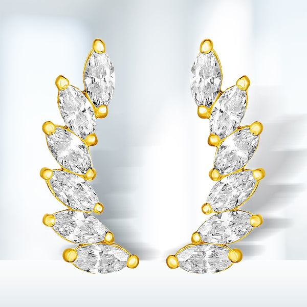 14k Yellow Gold Leaf Motif Climber Post Earrings with Marquise Cubic Zirconias DestGlow