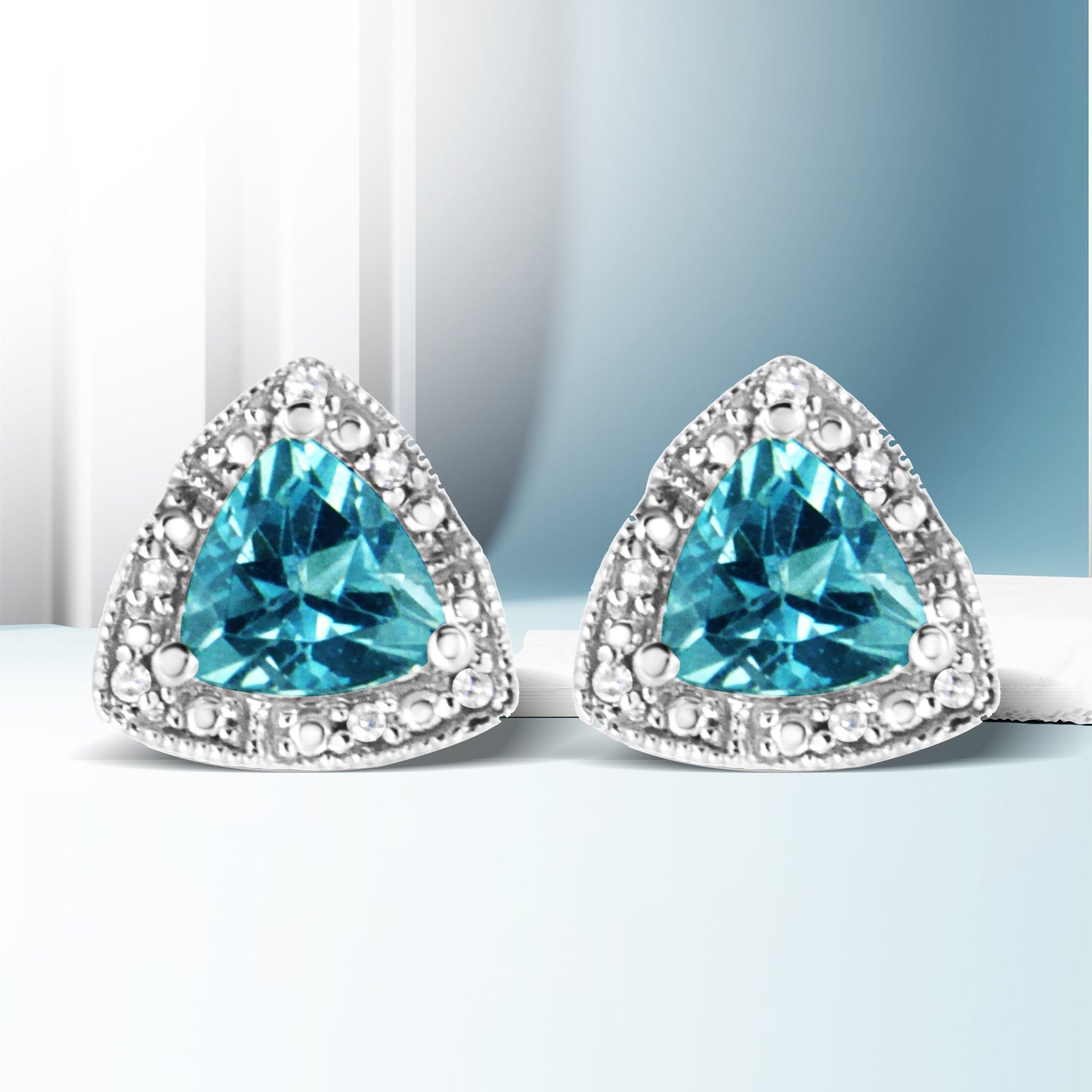 .925 Sterling Silver 6x6 mm Trillion Cut Blue Topaz Gemstone and Diamond Accent Stud Earring (I-J Color, I1-I2 Clarity) DestGlow