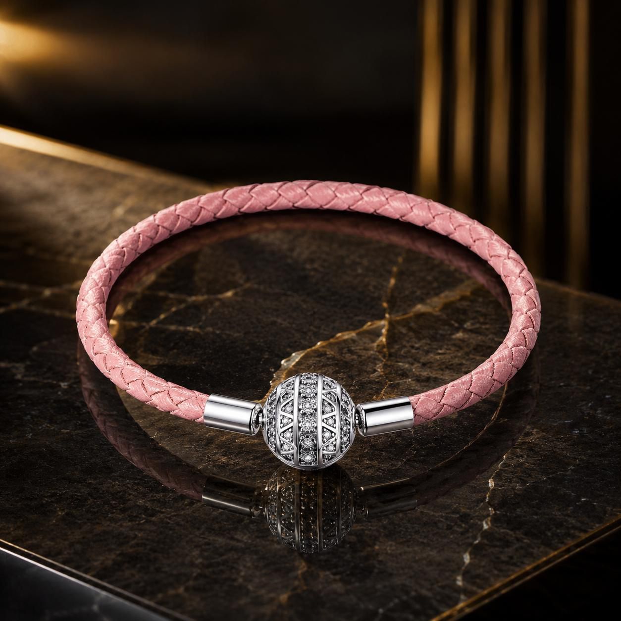 925 Sterling Silver Pavé Setting CZ Bracelet with Genuine Leather for Women DestGlow