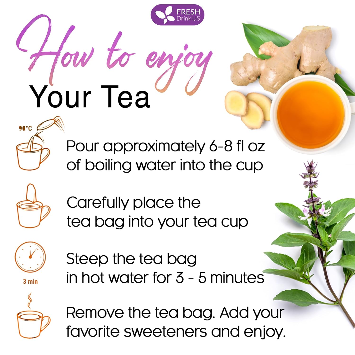 Premium Ginger Tulsi Tea Bags | Hand-made Blend of Ginger and Tulsi Holy Basil Leaves by FreshDrinkUS - Natural and Premium Herbal Tea