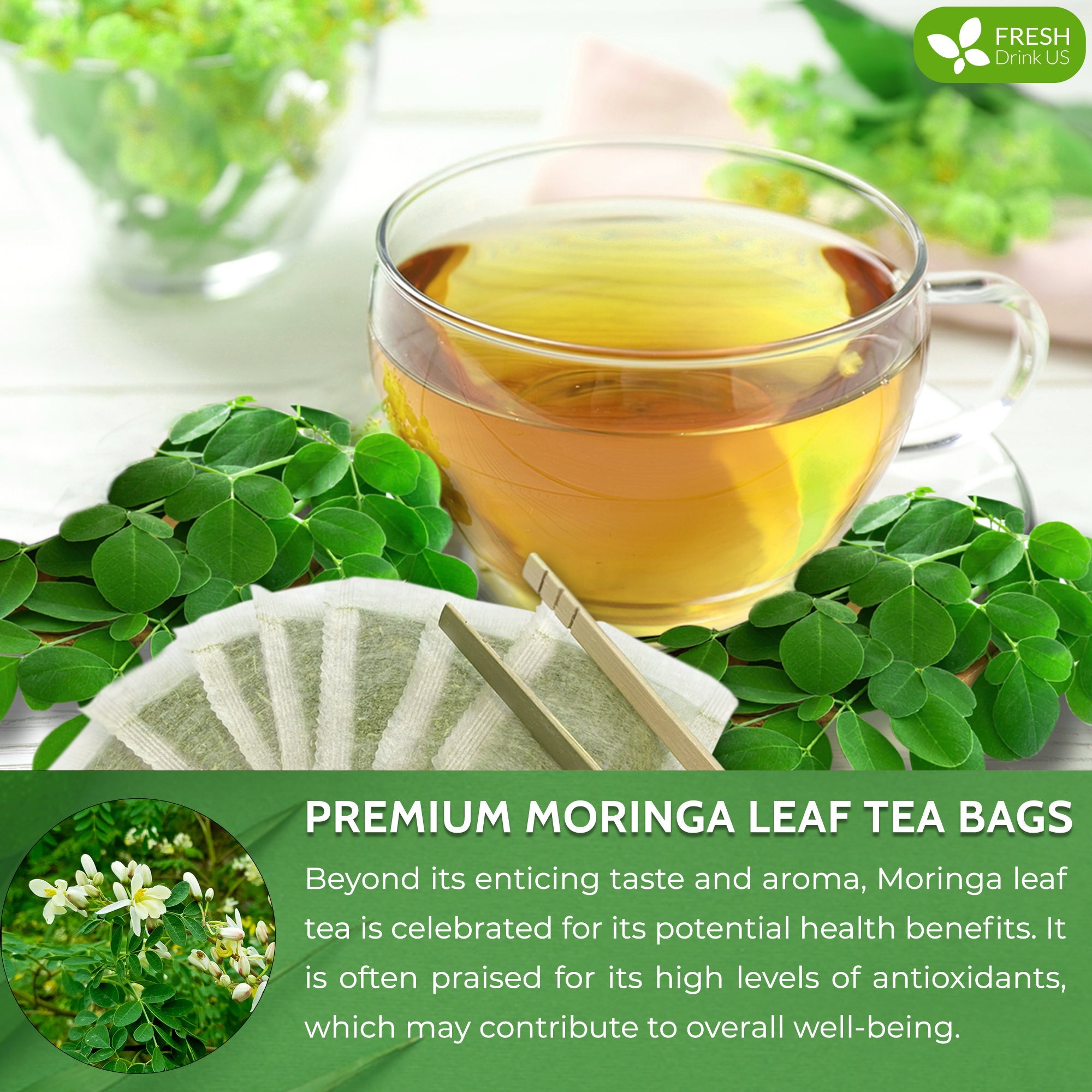 Moringa Leaf Tea Bags, 100% Natural & Pure from Moringa Leaves. Loose Leaf Moringa Herbal Tea. Moringa Leaf Tea. No Sugar, No Caffeine, No Gluten, Vegan by FreshDrinkUS - Natural and Premium Herbal Tea