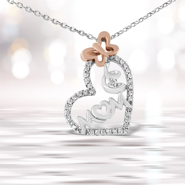 Two Tone .925 Sterling Silver 1/5 cttw Diamond "Mom" and Heart Pendant Necklace (H-I, I1-I2) by Bids.com