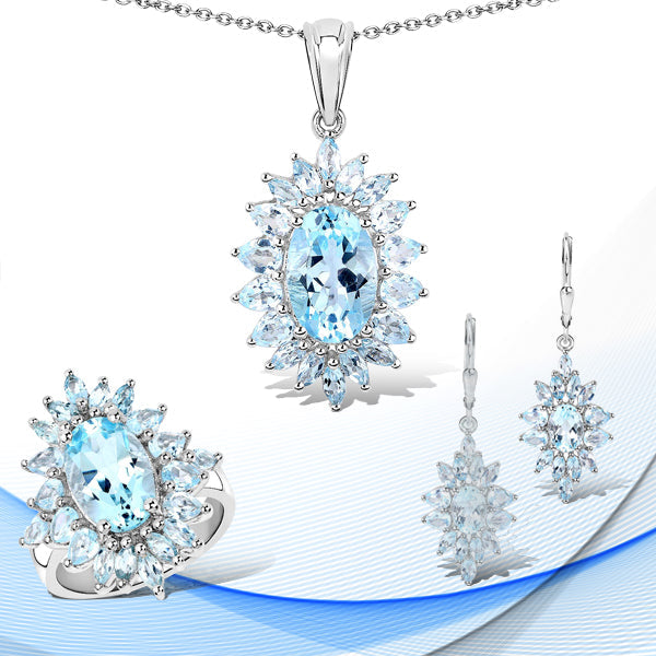 19.18 Carat Genuine Blue Topaz .925 Sterling Silver 3 Piece Jewelry Set (Ring, Earrings, and Pendant w/ Chain) by Bids.com