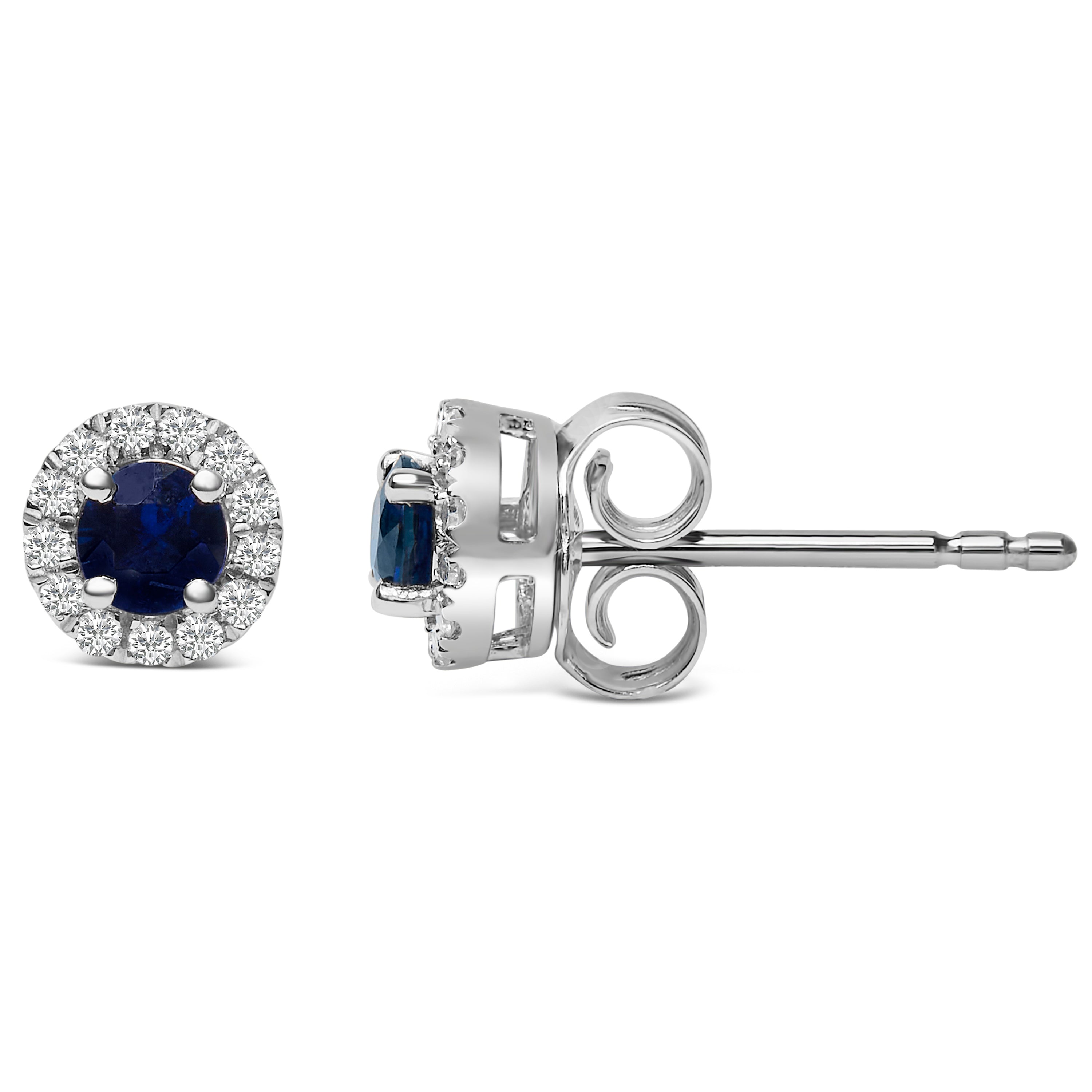 10K White Gold 3.25mm x 3.25mm Round Blue Sapphire and 1/10 Cttw Diamond Halo Stud Earrings (I-J Color, I1-I2 Clarity) DestGlow