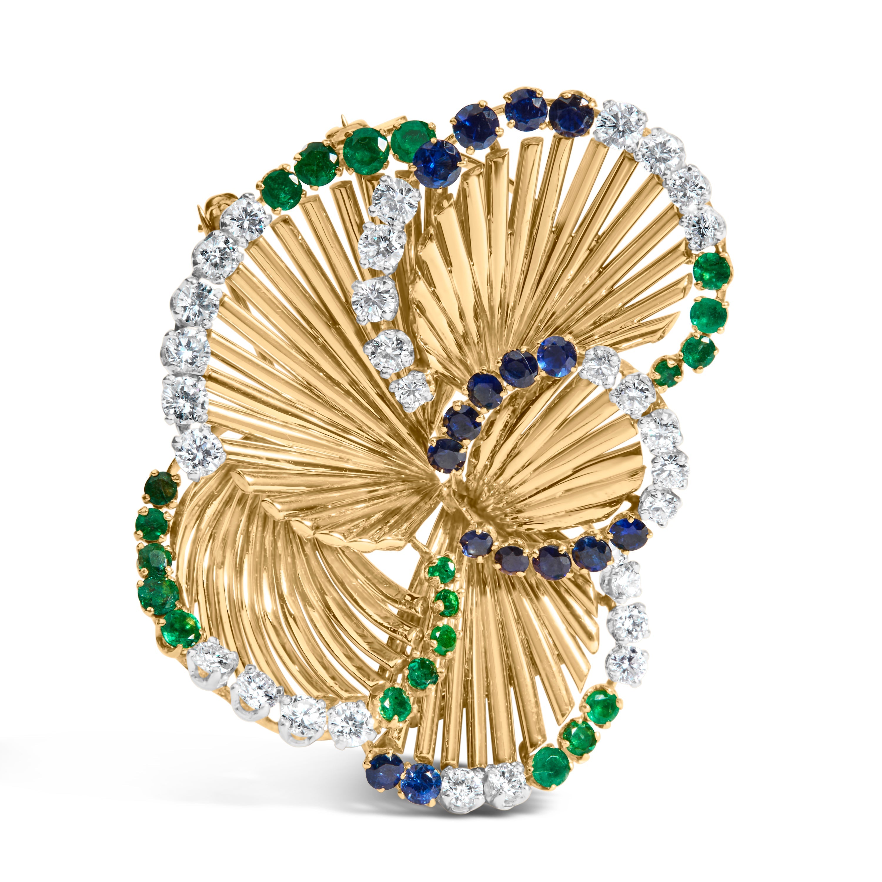 18K Yellow Gold 2 1/3 Cttw Diamond, Sapphire, and Emerald Sculpted Petal Brooch Pin (G-H Color, VS1-VS2 Clarity) by Bids.com