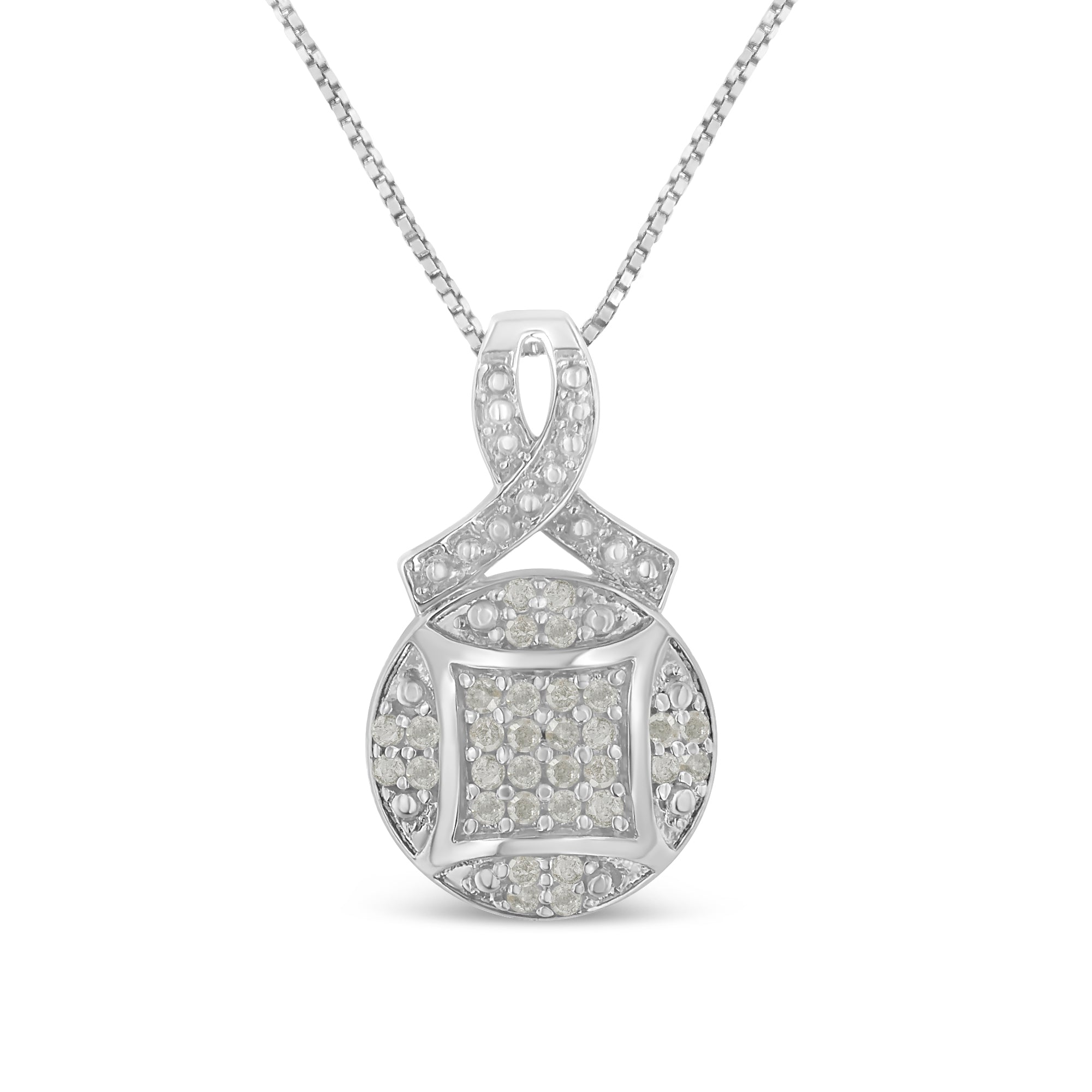 .925 Sterling Silver 1/3 cttw Diamond Ribbon and Circle Cluster 18" Pendant Necklace (I-J Color, I3 Clarity) DestGlow