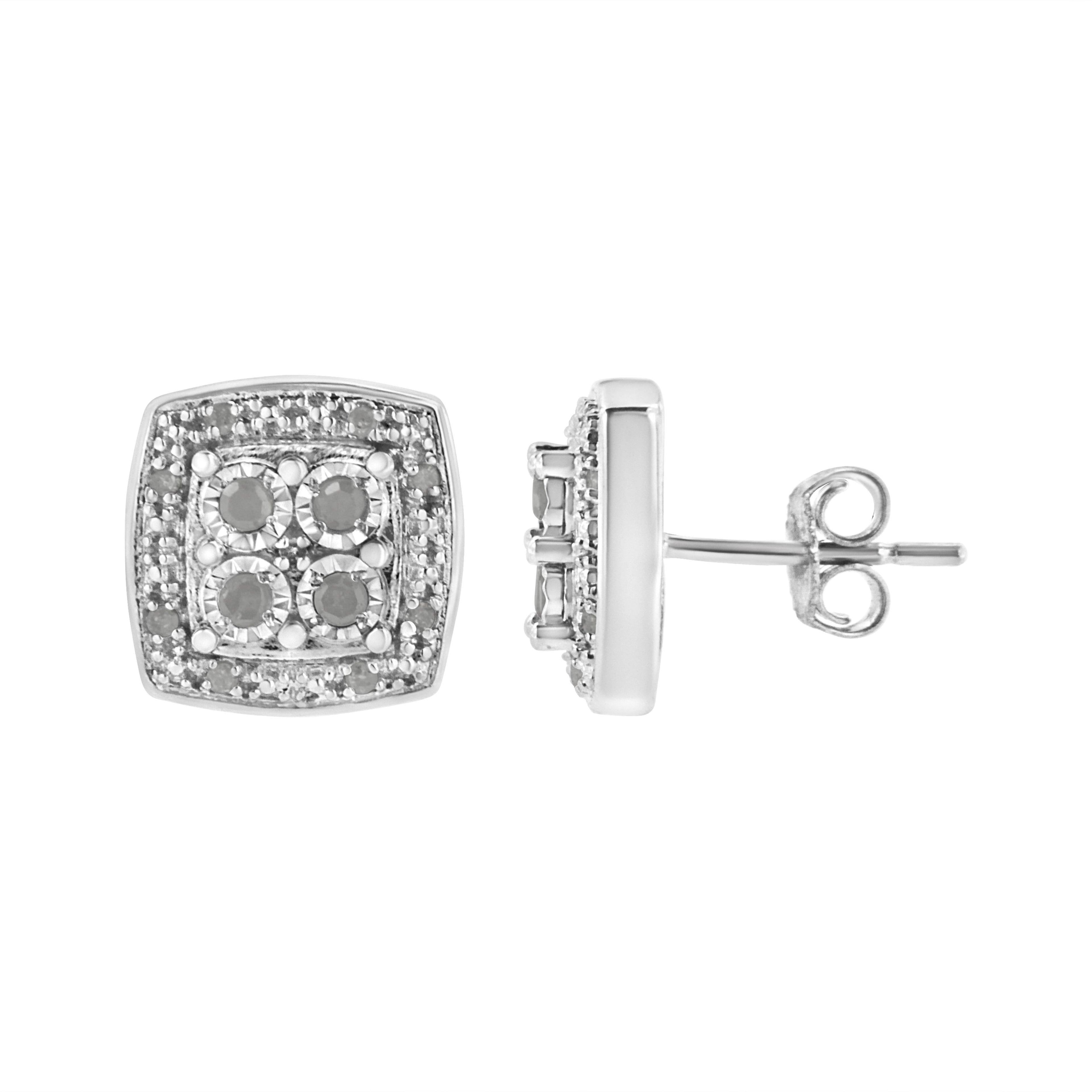 .925 Sterling Silver 1/4 cttw Round Cut Diamond Square Shape Milgrain Stud Earrings (I-J Color, I3 Clarity) by Bids.com