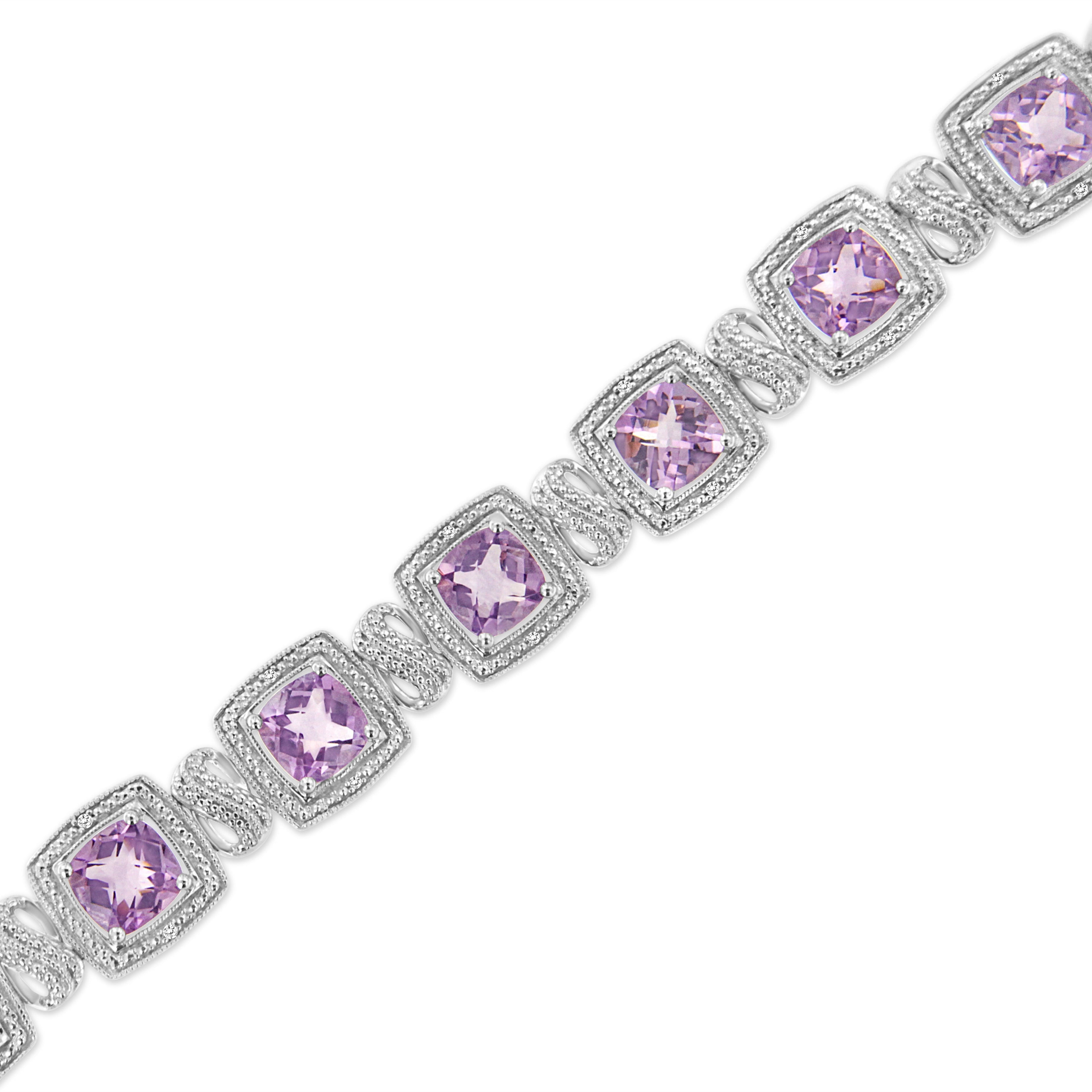 .925 Sterling Silver 7x7 mm Cushion Cut Purple Amethyst and 1/10 cttw Round Cut Diamond Square Shape Tennis Bracelet (I-J Color, I1-I2 Clarity) - 7" DestGlow