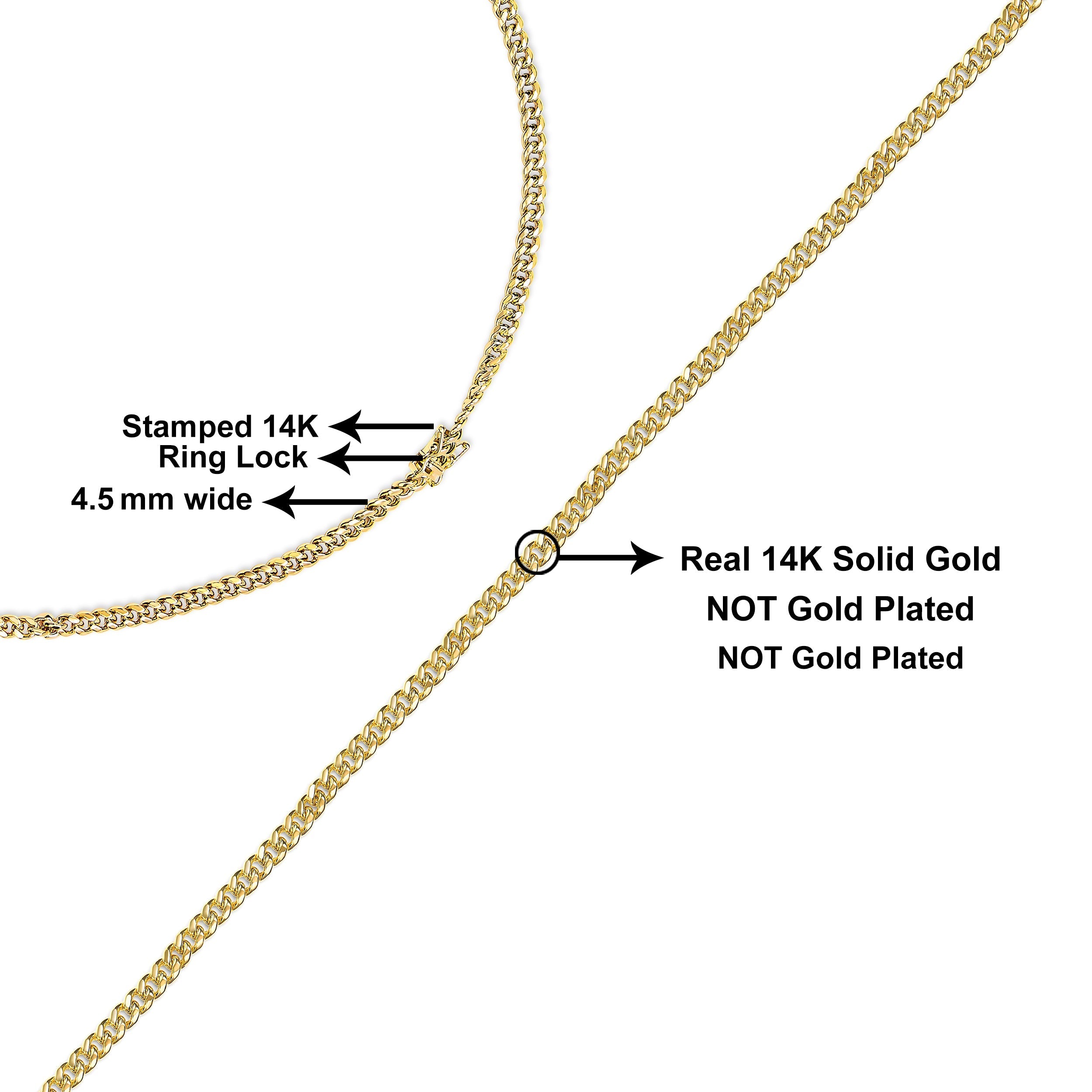 Semi-Solid 14K Yellow Gold 4.5mm Miami Cuban Chain Necklace - Unisex Chain - 22 Inches DestGlow