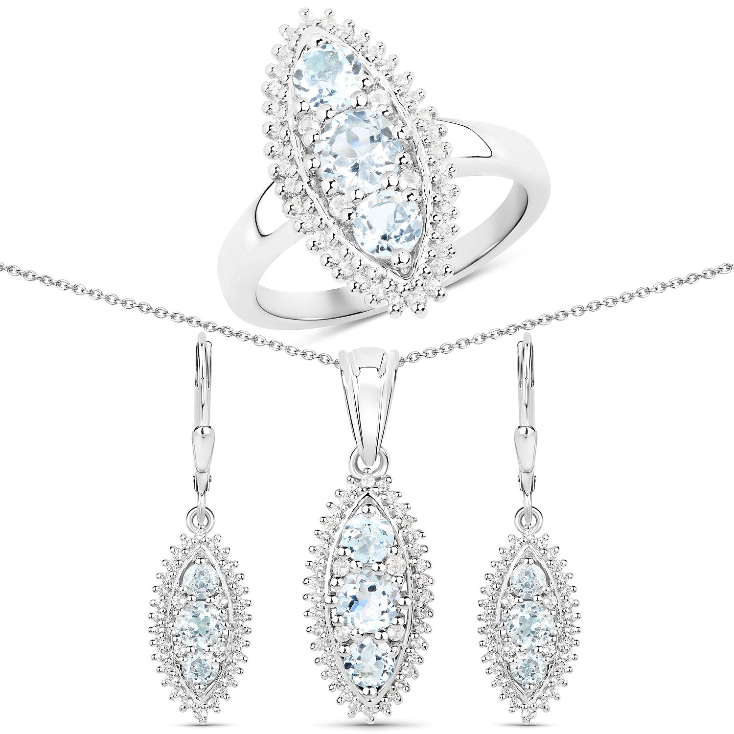 4.50 Carat Genuine Blue Topaz and White Topaz .925 Sterling Silver 3 Piece Jewelry Set (Ring, Earrings, and Pendant w/ Chain) by Bids.com