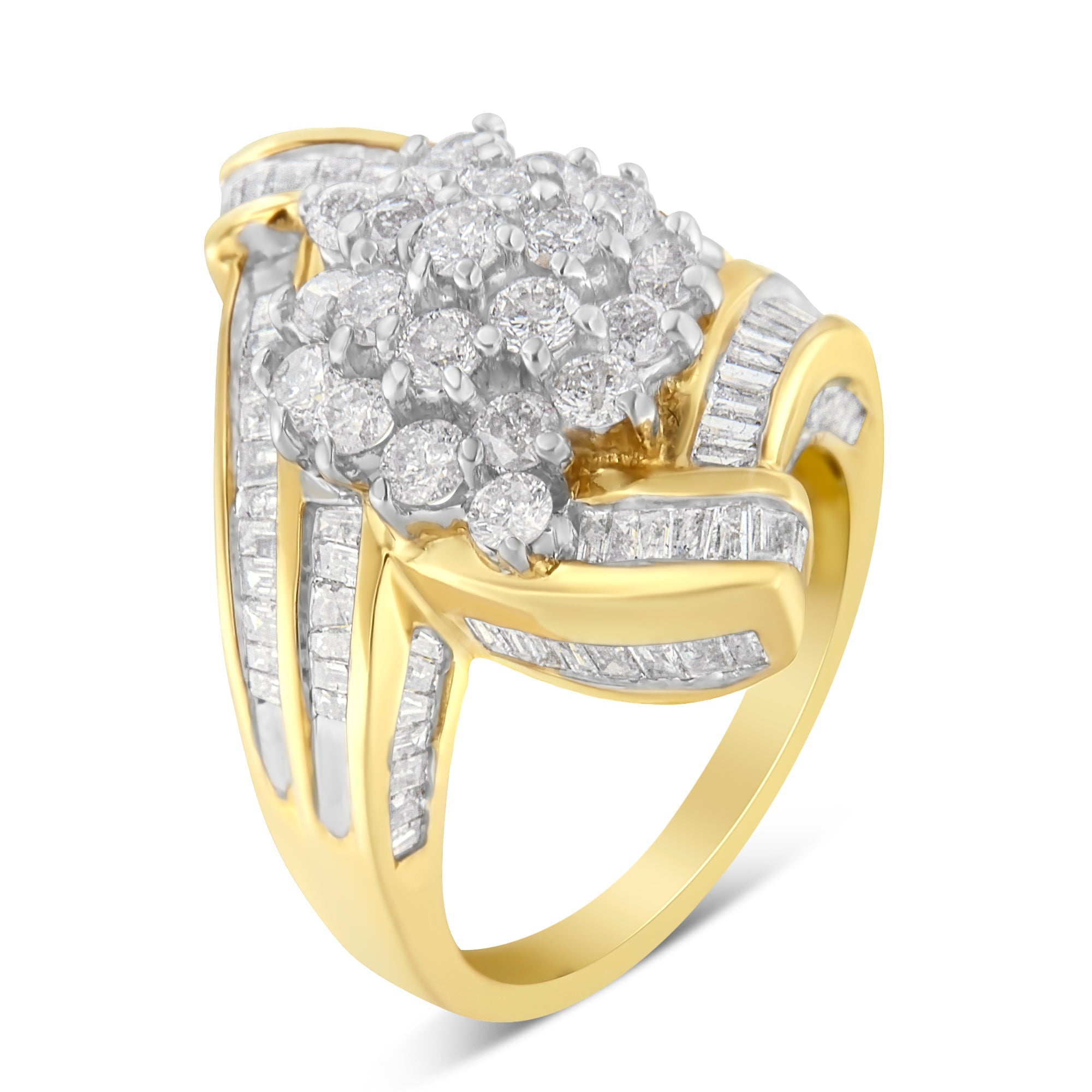 10K Yellow Gold Round and Baguette Diamond Crossover Cluster Ring (3 Cttw, I-J Color, I1-I2 Clarity) - Size 7-1/2 by Bids.com
