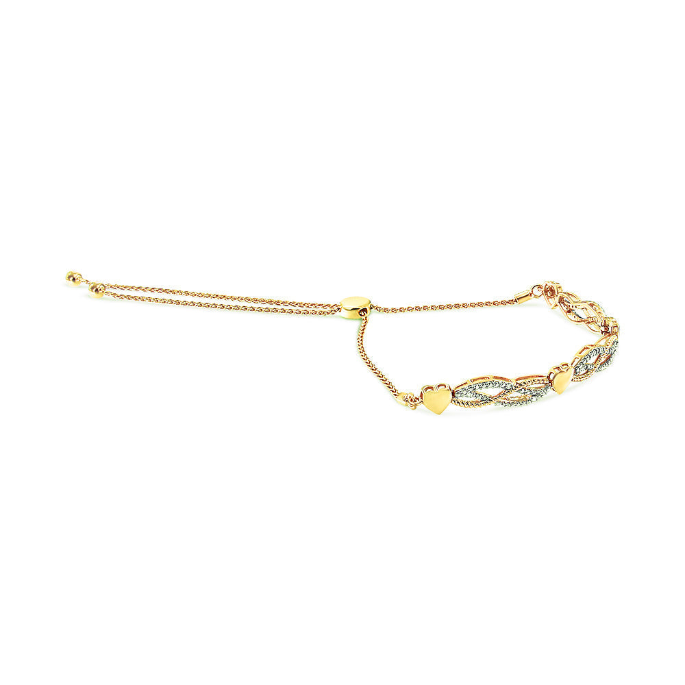 14K Yellow Gold Plated .925 Sterling Silver 1/10 Cttw Diamond Wave and Hearts Bolo Bracelet (I-J Color, I2-I3 Clarity) - 4"-10" Adjustable DestGlow