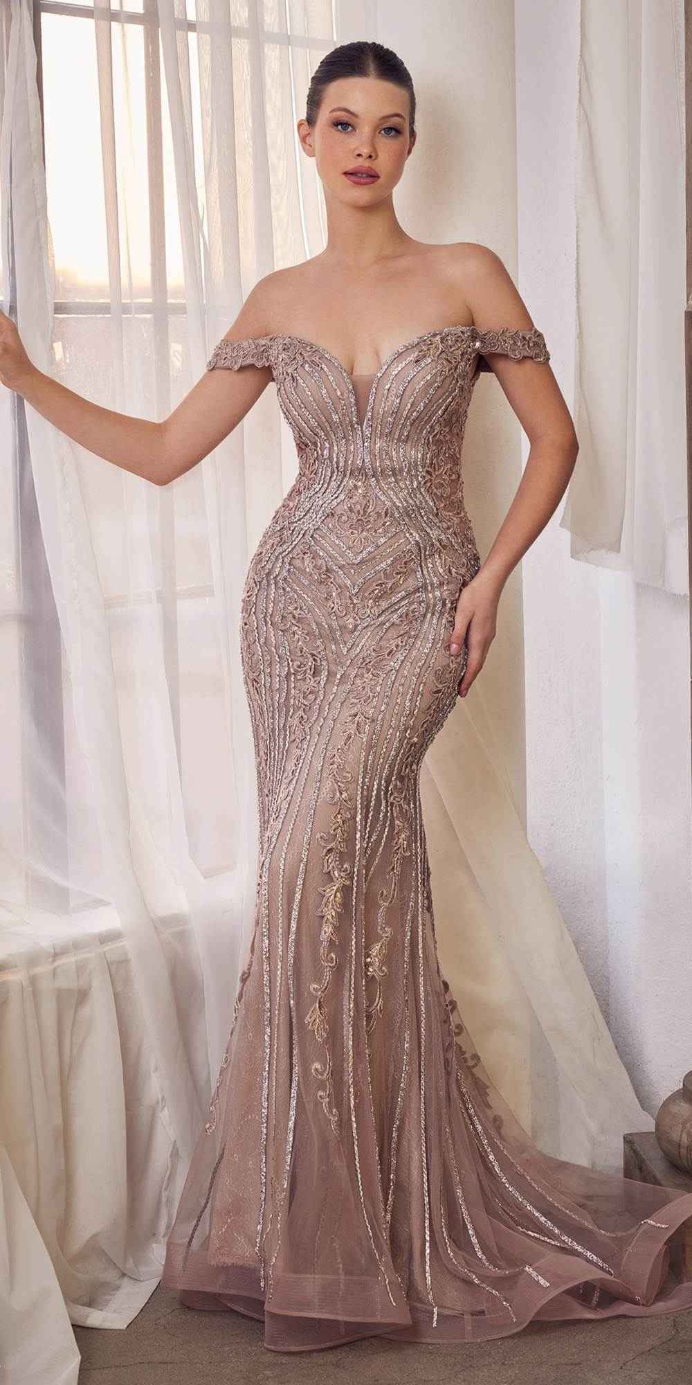 CLEARANCE - Andrea & Leo A1257 Long Off the Shoulder Dusty Mauve Gown (Size 4) by DiscountDressShop