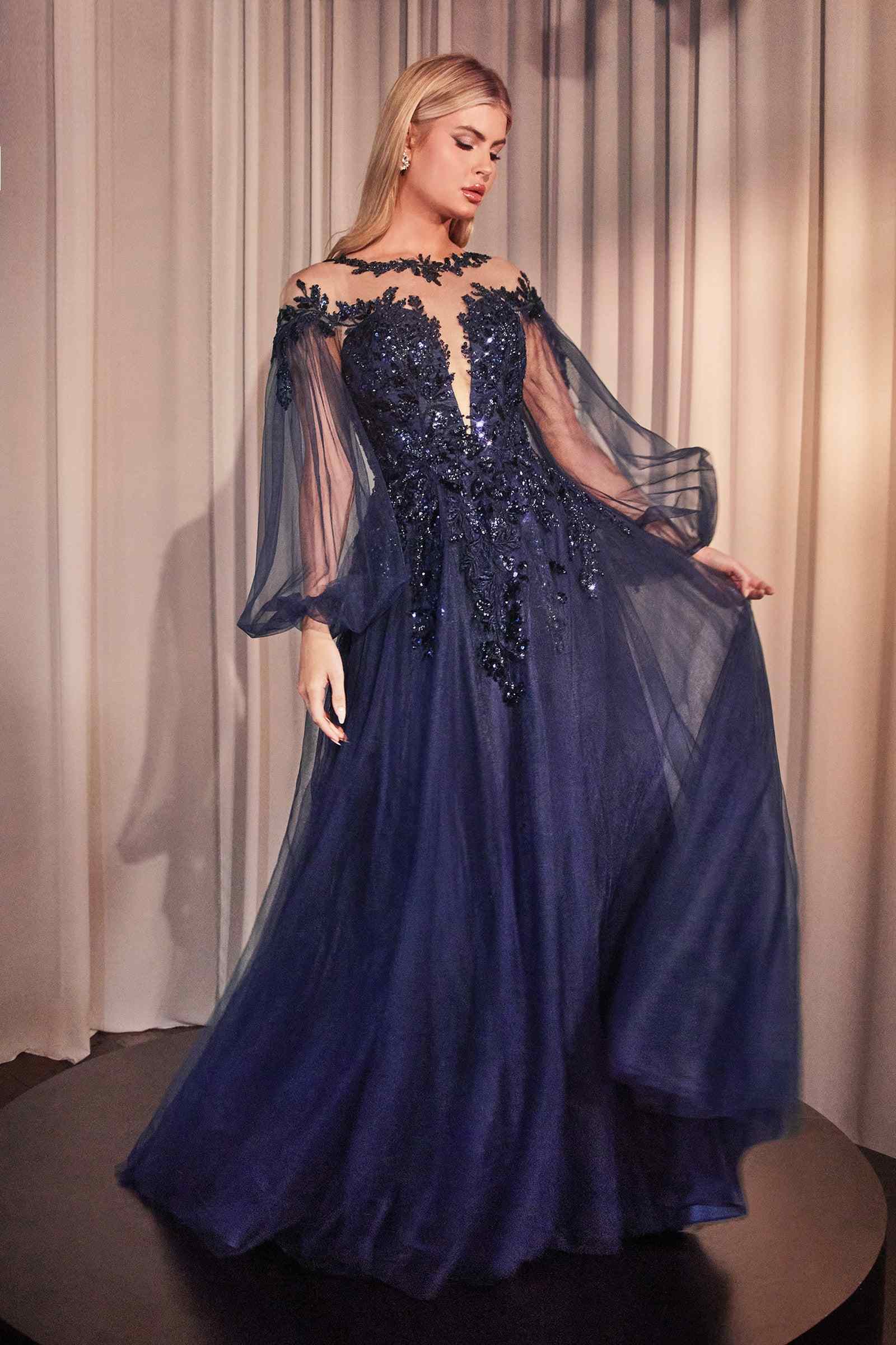 Andrea & Leo A1263 Long Sleeve A-Line Tulle & Lace Gown - DestGlow