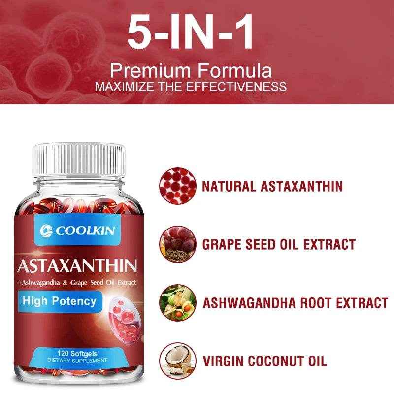 Astaxanthin 24mg - with Ashwagandha, Grape Seed Oil Extract - Supports Eye and Skin Health, Antioxidant - 120 Capsules