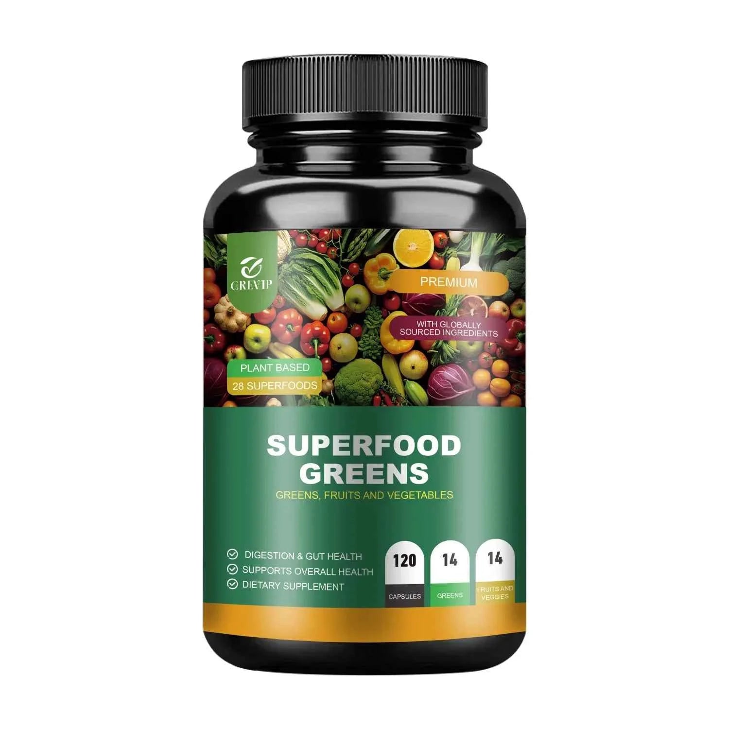 Organic Superfood Greens Supplement - Digestive Support, Energy Boost, Antioxidant - 120 Capsules