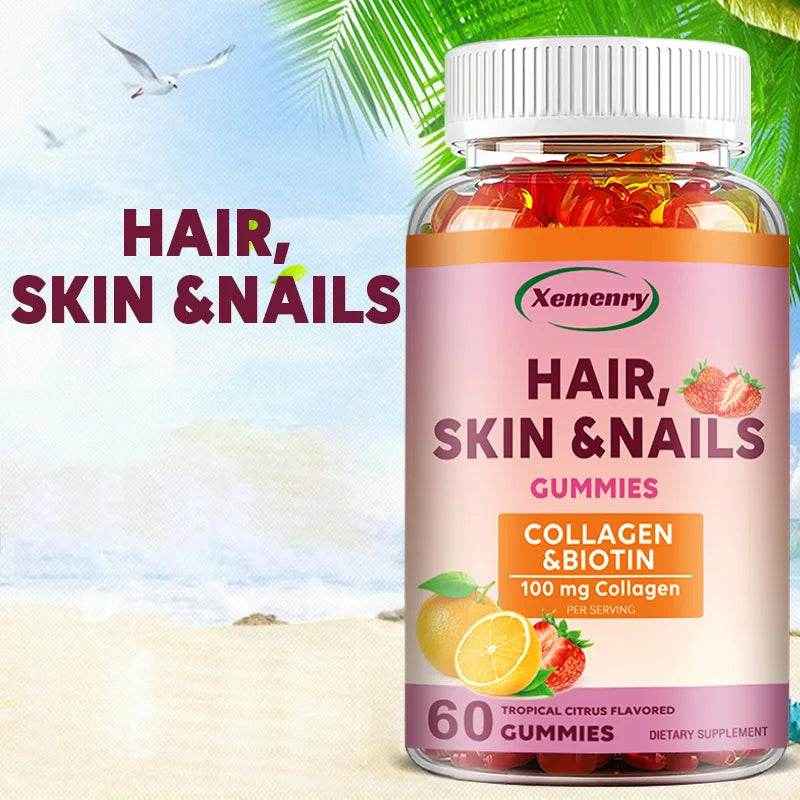 Hair, Skin & Nails Vitamins - Contains Biotin, Collagen - Promotes Hair Growth, Nourishes Skin, Strengthens Nails - 60 Gummies