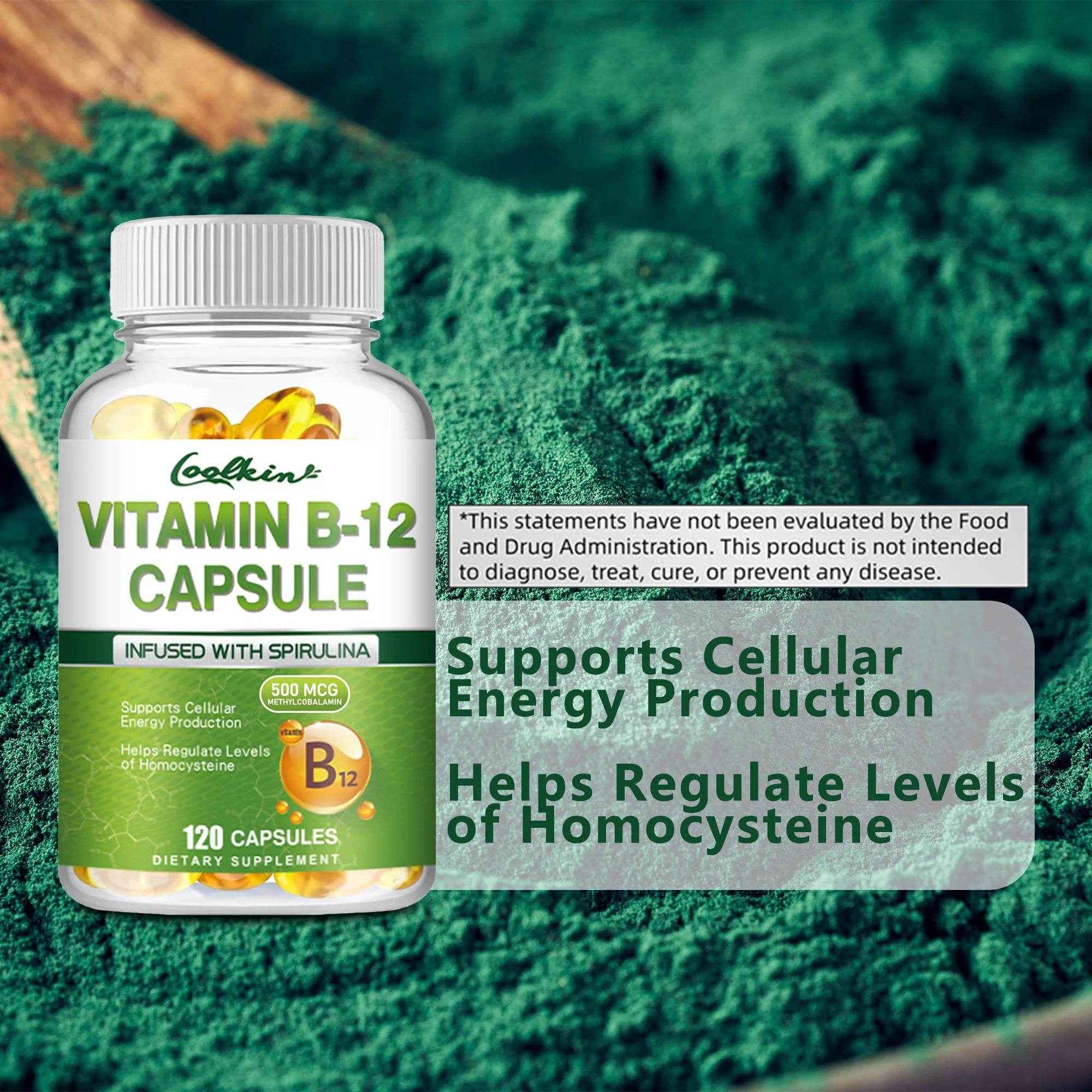 Vitamin B12 Capsules - with Organic Spirulina - Supports Energy Metabolism, Mood, Heart and Nervous System Health - 120 Capsules