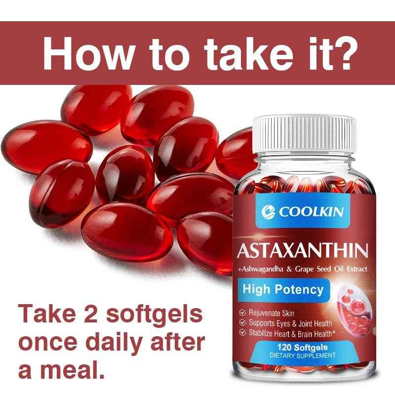 Astaxanthin 24mg - with Ashwagandha, Grape Seed Oil Extract - Supports Eye and Skin Health, Antioxidant - 120 Capsules