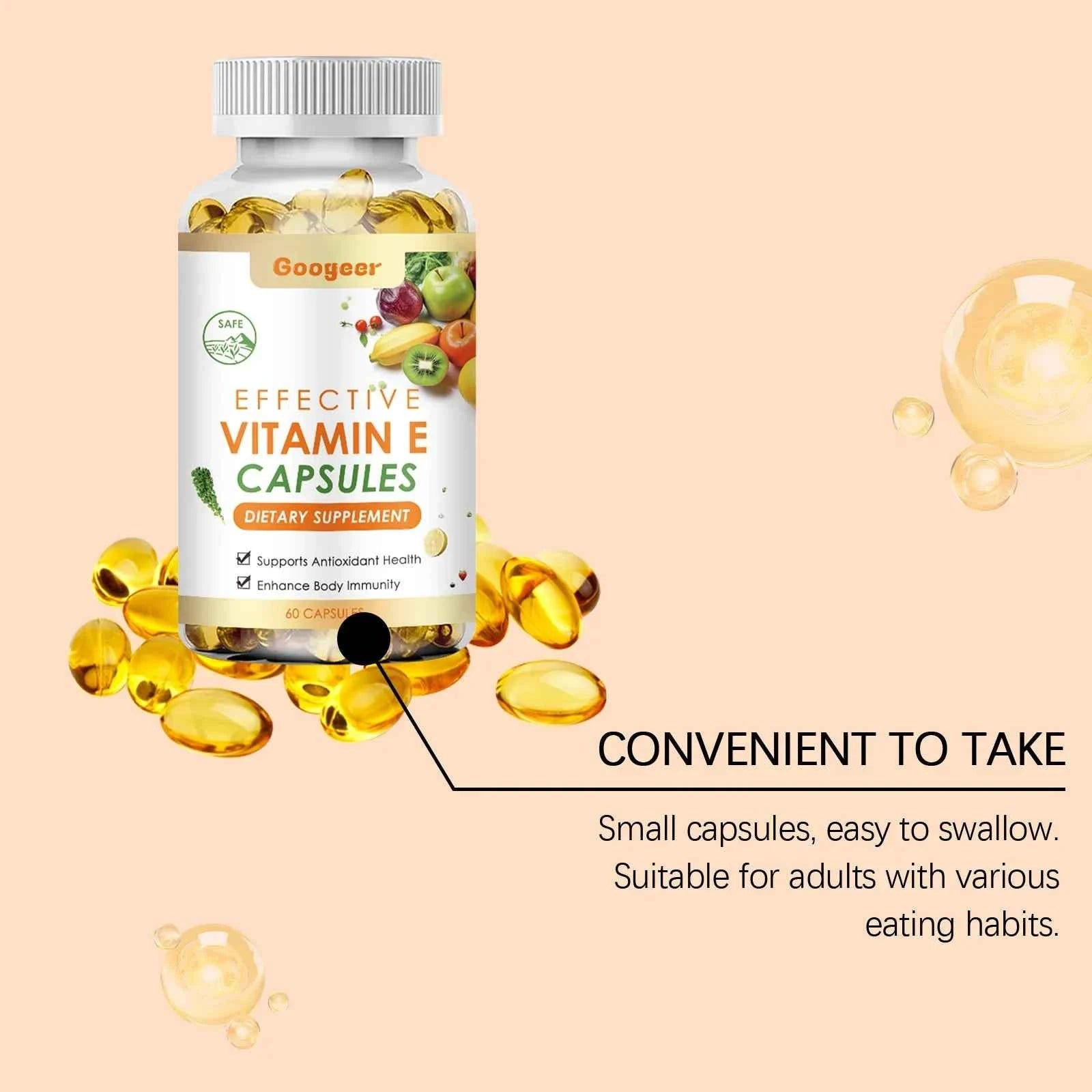 Googeer 60pcs Vitamin E Capsule Promote Digestion Help Blood Birculation Enhance Energy Daily Vitamin Supplement Dietary Capsule