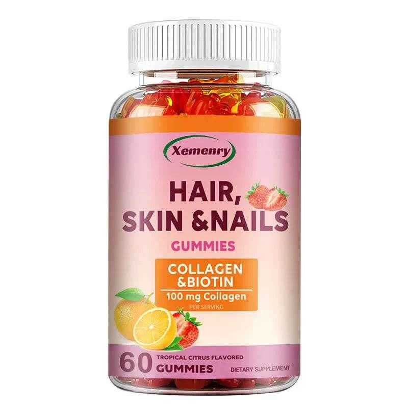 Hair, Skin & Nails Vitamins - Contains Biotin, Collagen - Promotes Hair Growth, Nourishes Skin, Strengthens Nails - 60 Gummies