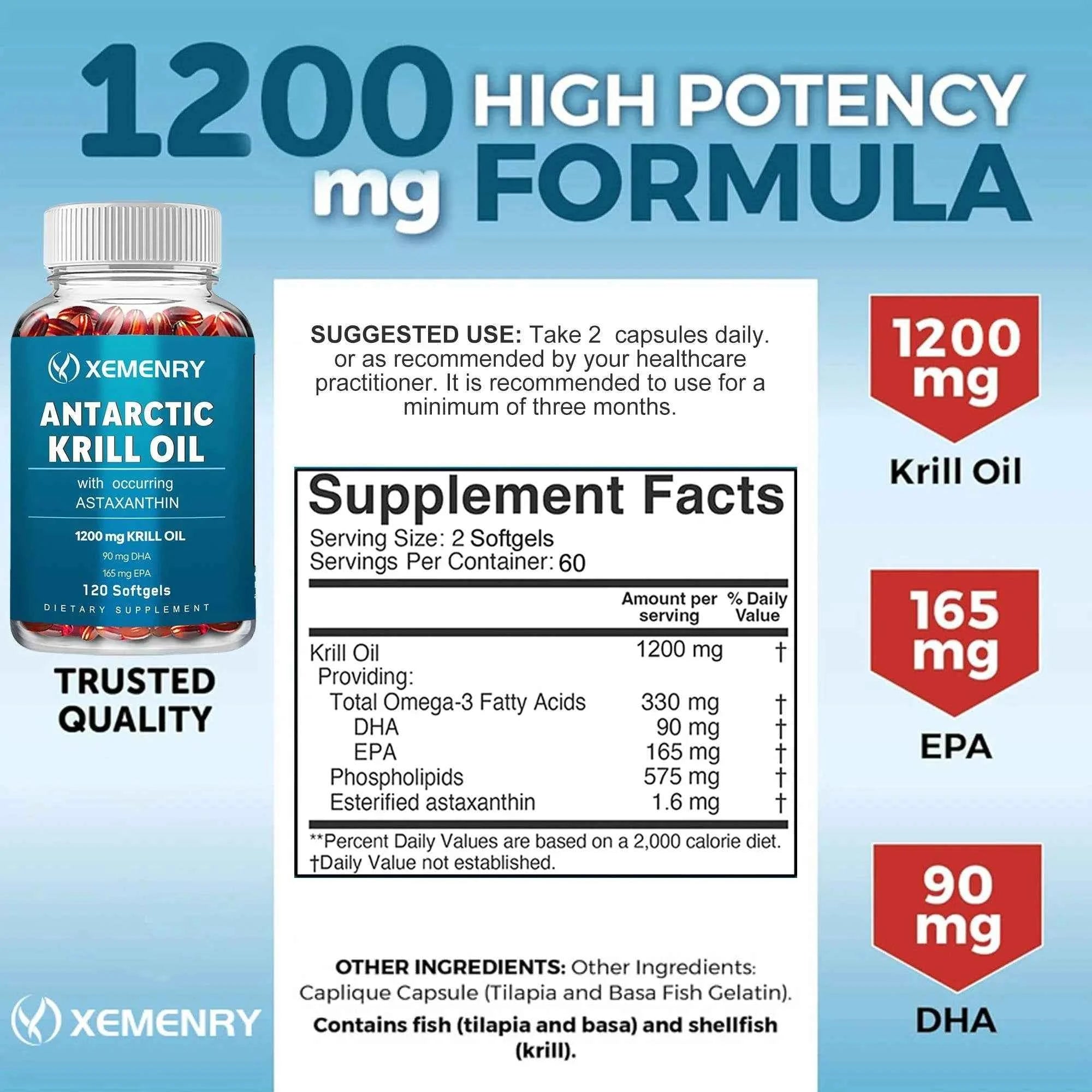 Antarctic Krill Oil Supplement - EPA, DHA, Astaxanthin Phospholipids, Heart, Brain, Joint Eye Health - 120 Capsules