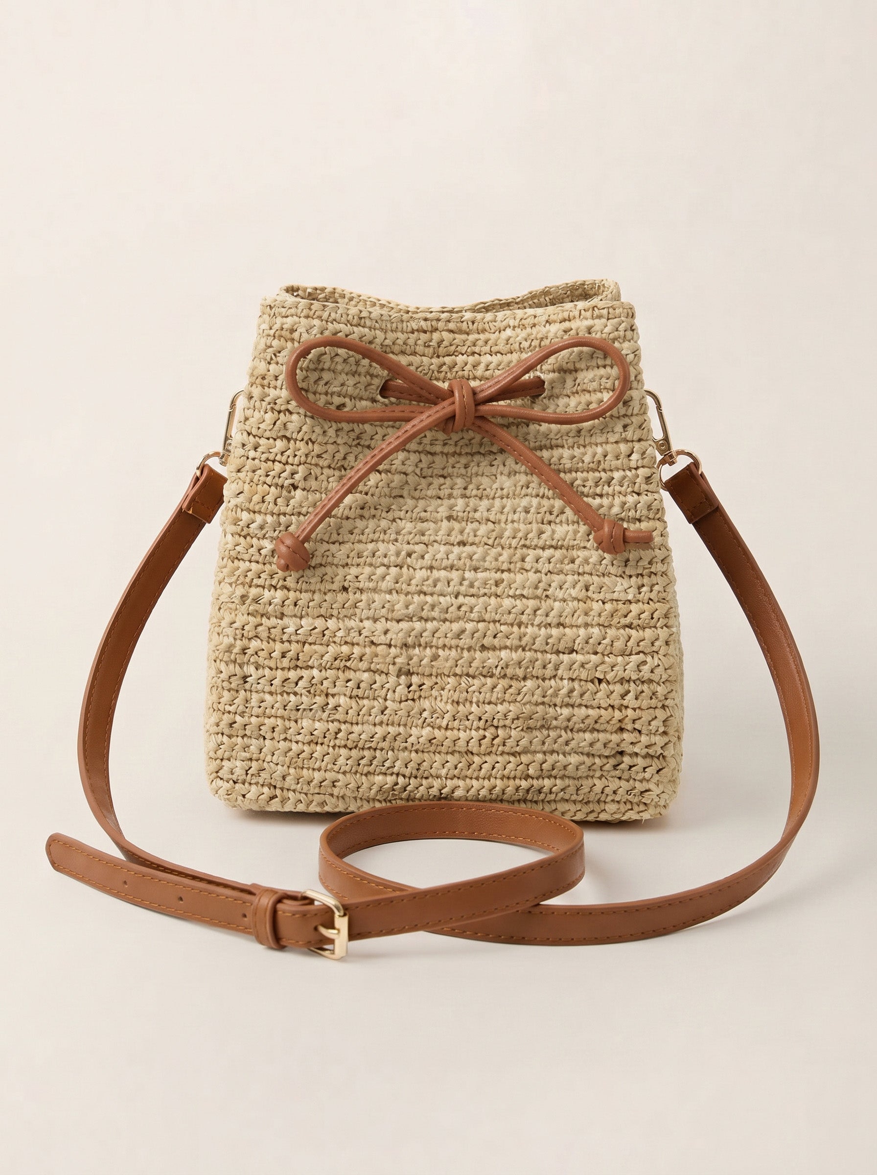 Mini Handwoven Raffia Drawstring Crossbody Bag DestGlow
