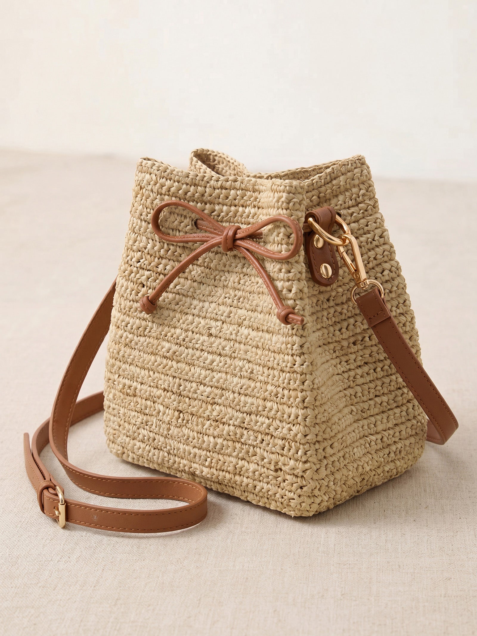 Mini Handwoven Raffia Drawstring Crossbody Bag DestGlow