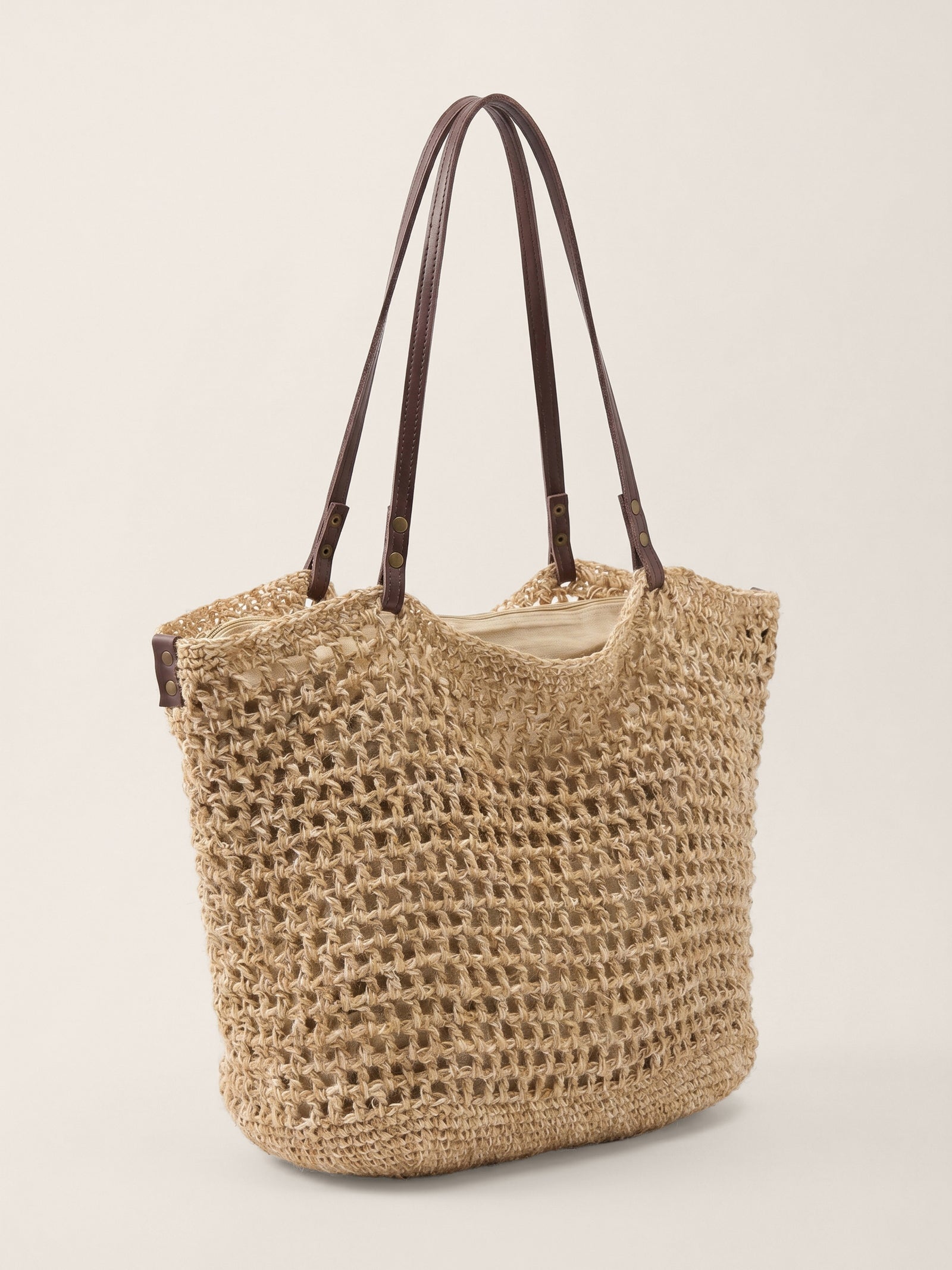 Linen-Cotton Open-Weave Tote Bag With Zip Pouch DestGlow