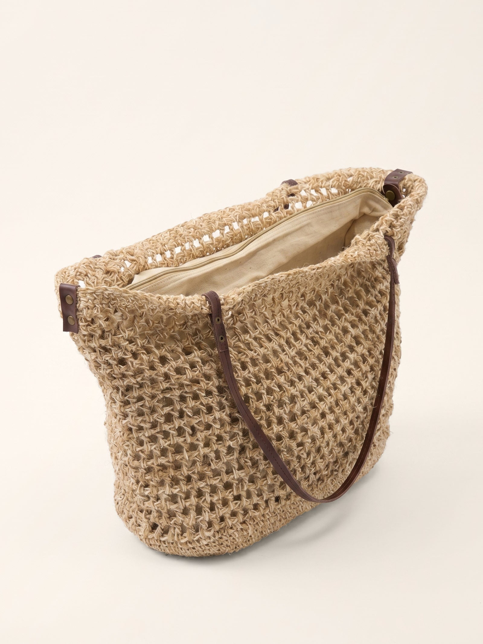 Linen-Cotton Open-Weave Tote Bag With Zip Pouch DestGlow