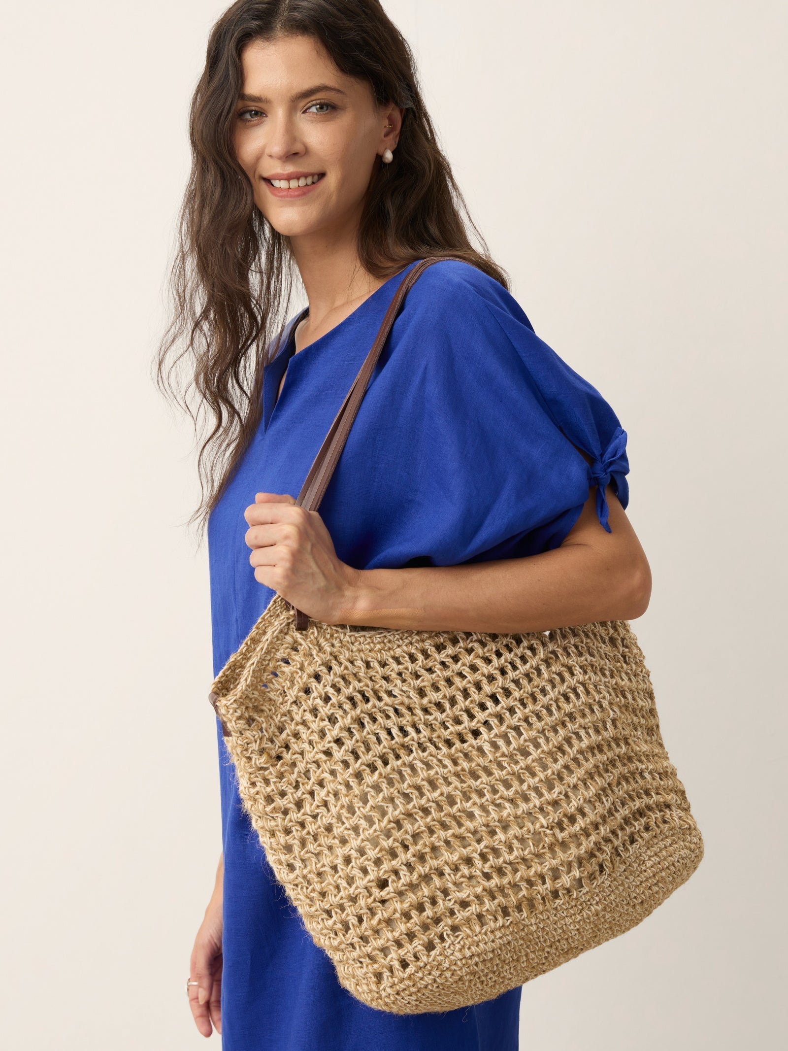 Linen-Cotton Open-Weave Tote Bag With Zip Pouch DestGlow