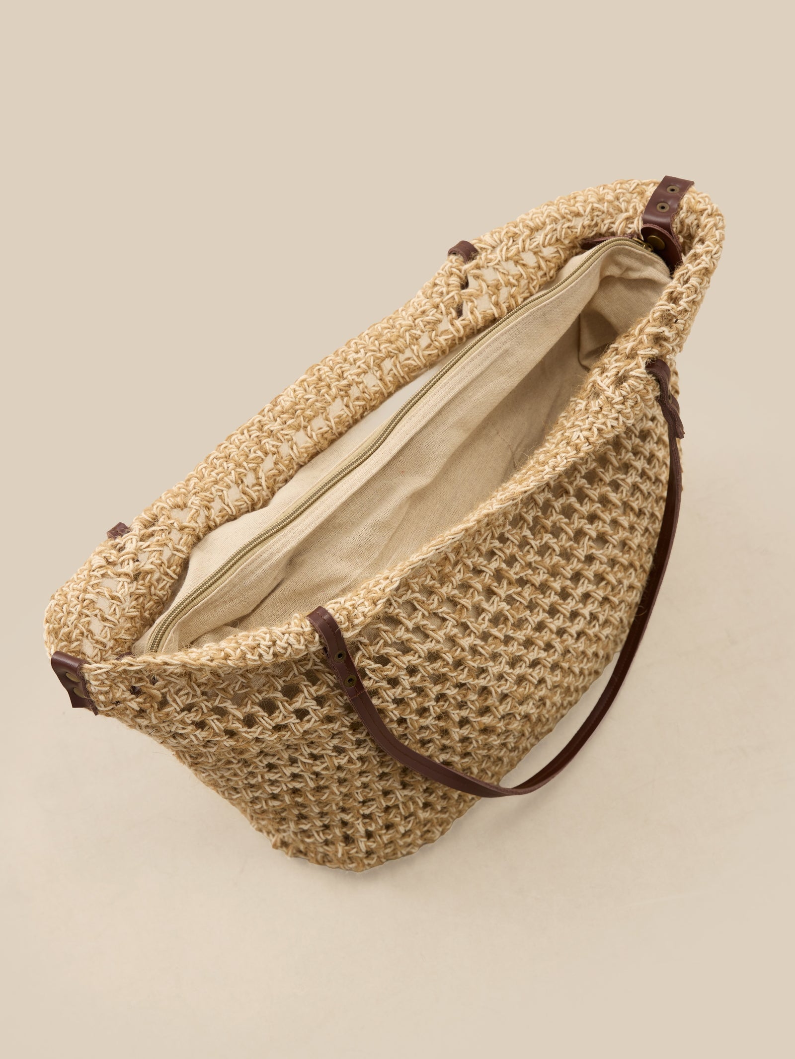 Linen-Cotton Open-Weave Tote Bag With Zip Pouch DestGlow
