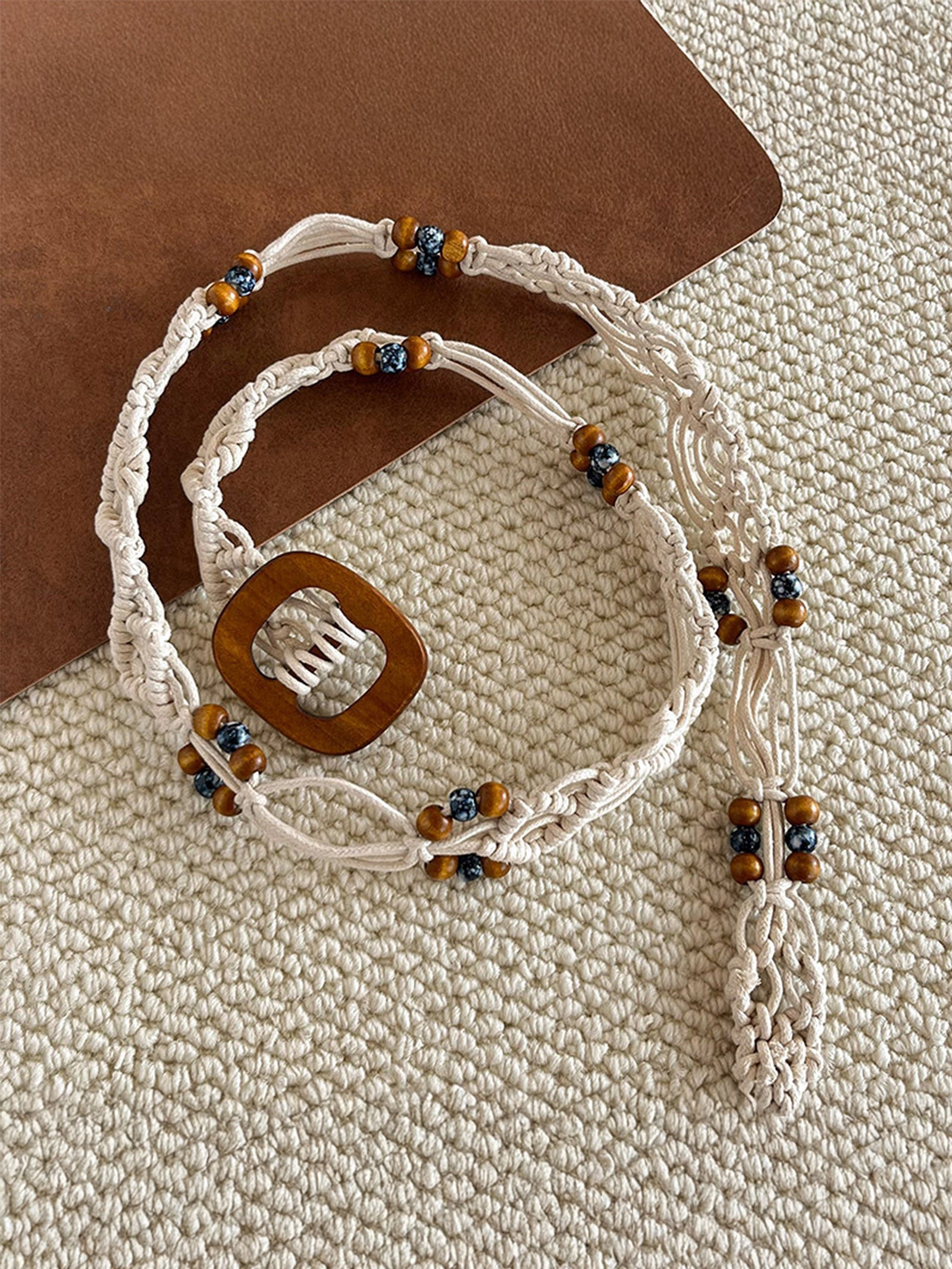 Bohemian Hand-Woven Waxed Cord Waist Rope With Wooden Buckle by LINTICO