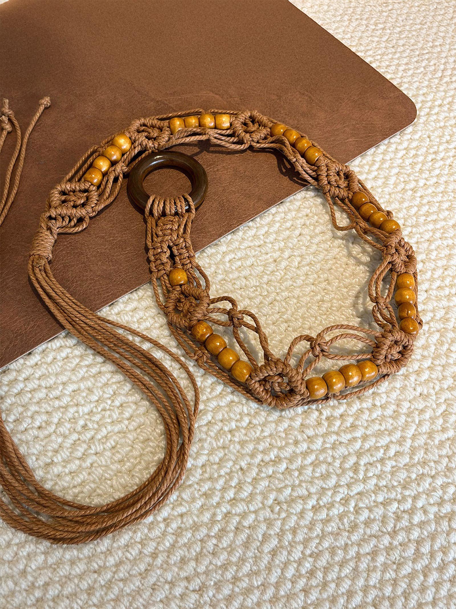 Bohemian Hand-Woven Waxed Cord Waist Rope With Wood Beads DestGlow