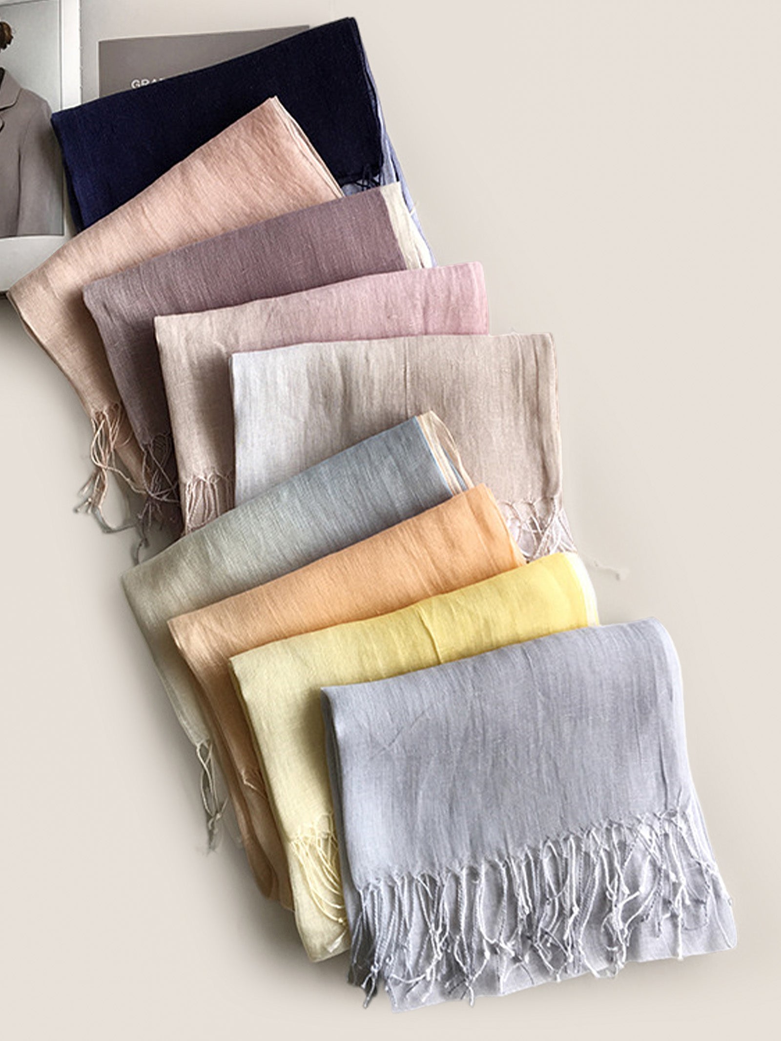 100% Linen Gradient Fringed Light Scarf DestGlow