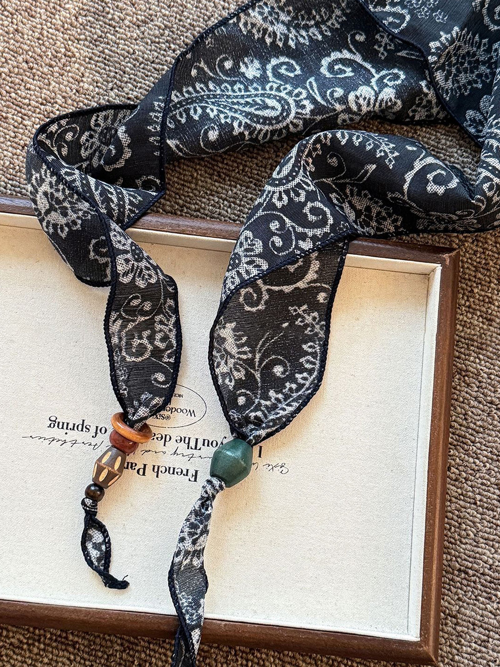 Multi-Functional Floral Satin Scarf With Jade Bead Accents DestGlow